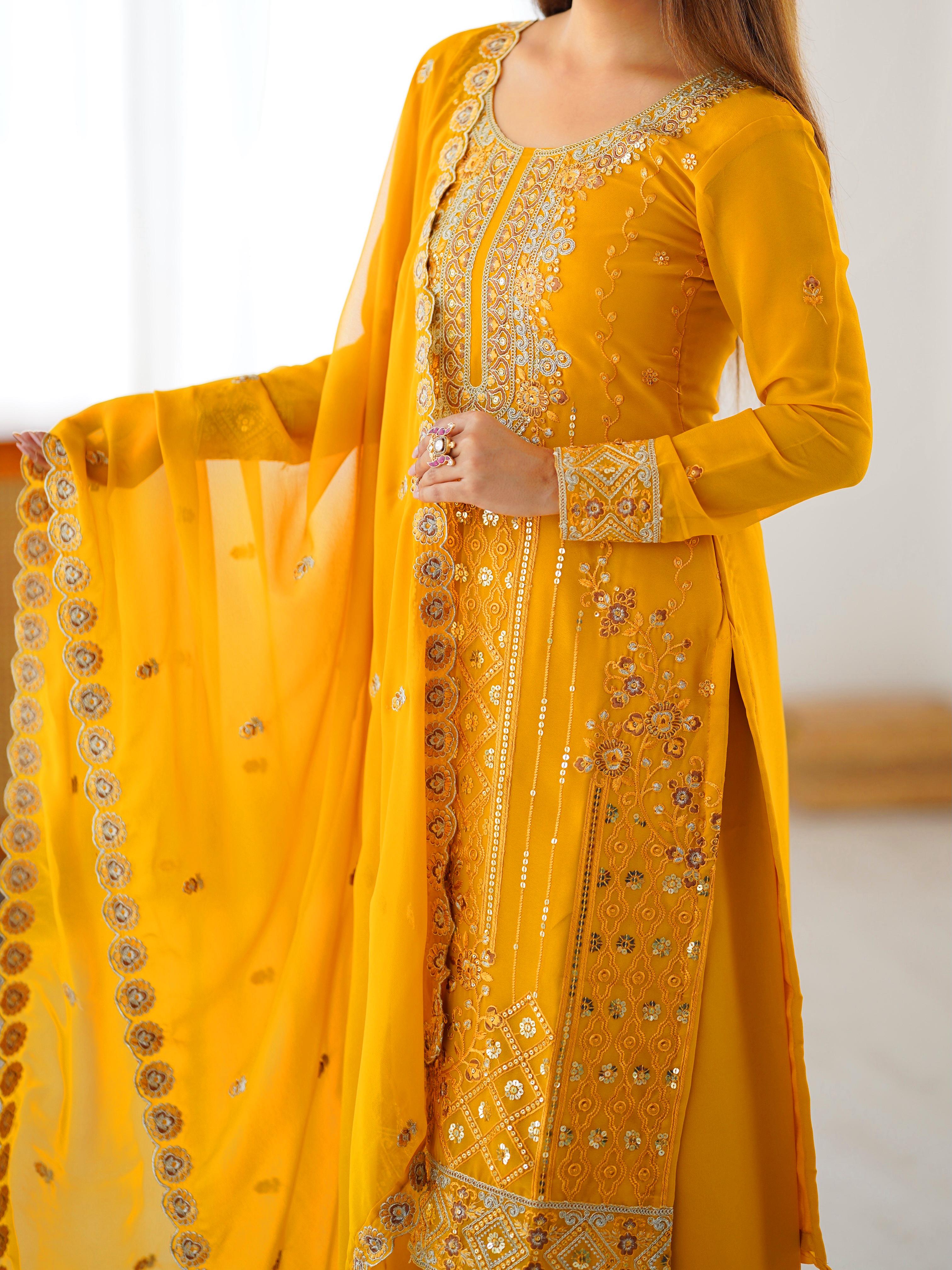 Mustard Yellow Faux Georgette Embroidered Palazzo Suit Set