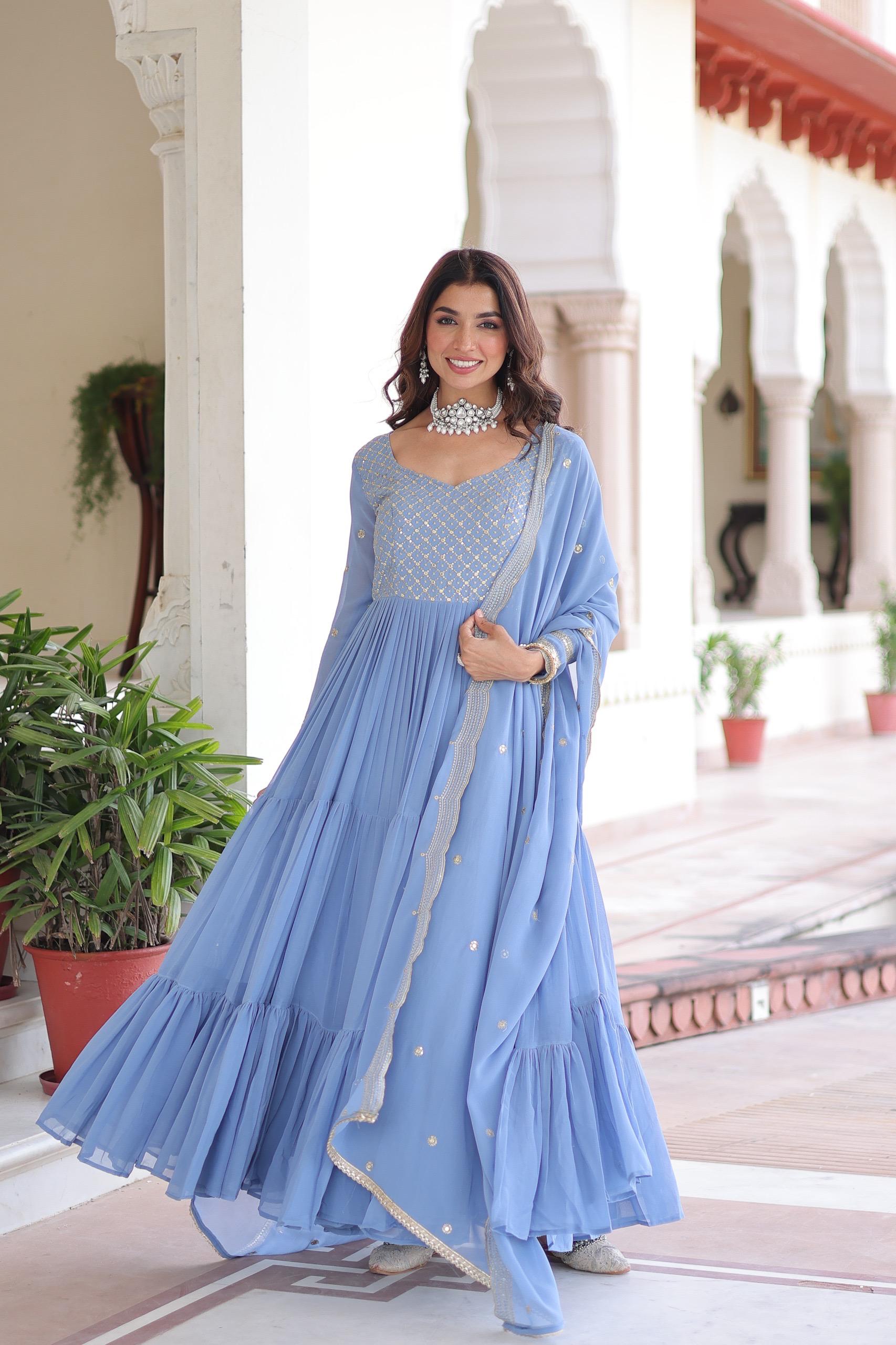 Sequins Zari Embroidered Faux Georgette Gown with Cut-Work Dupatta