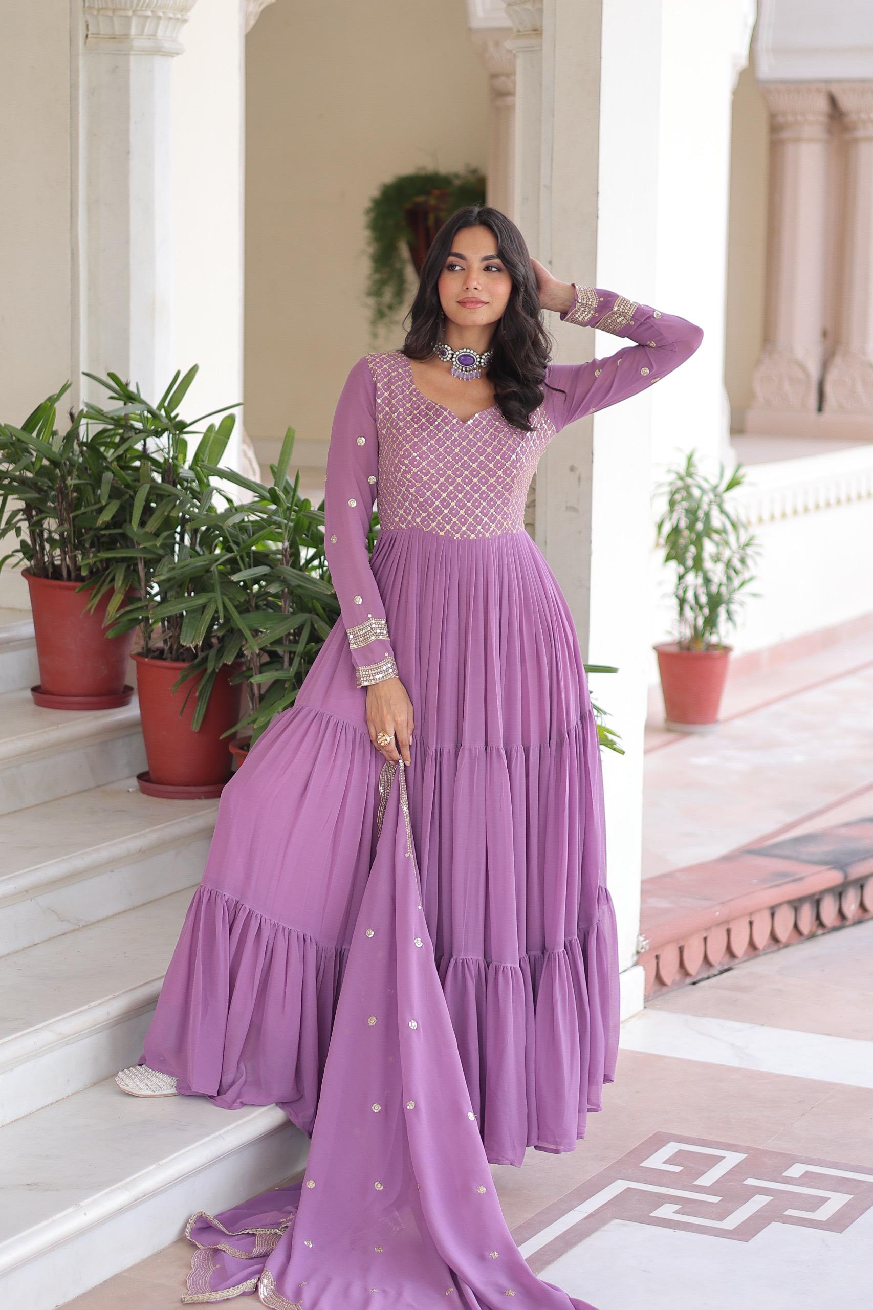 Sequins Zari Embroidered Faux Georgette Gown with Cut-Work Dupatta