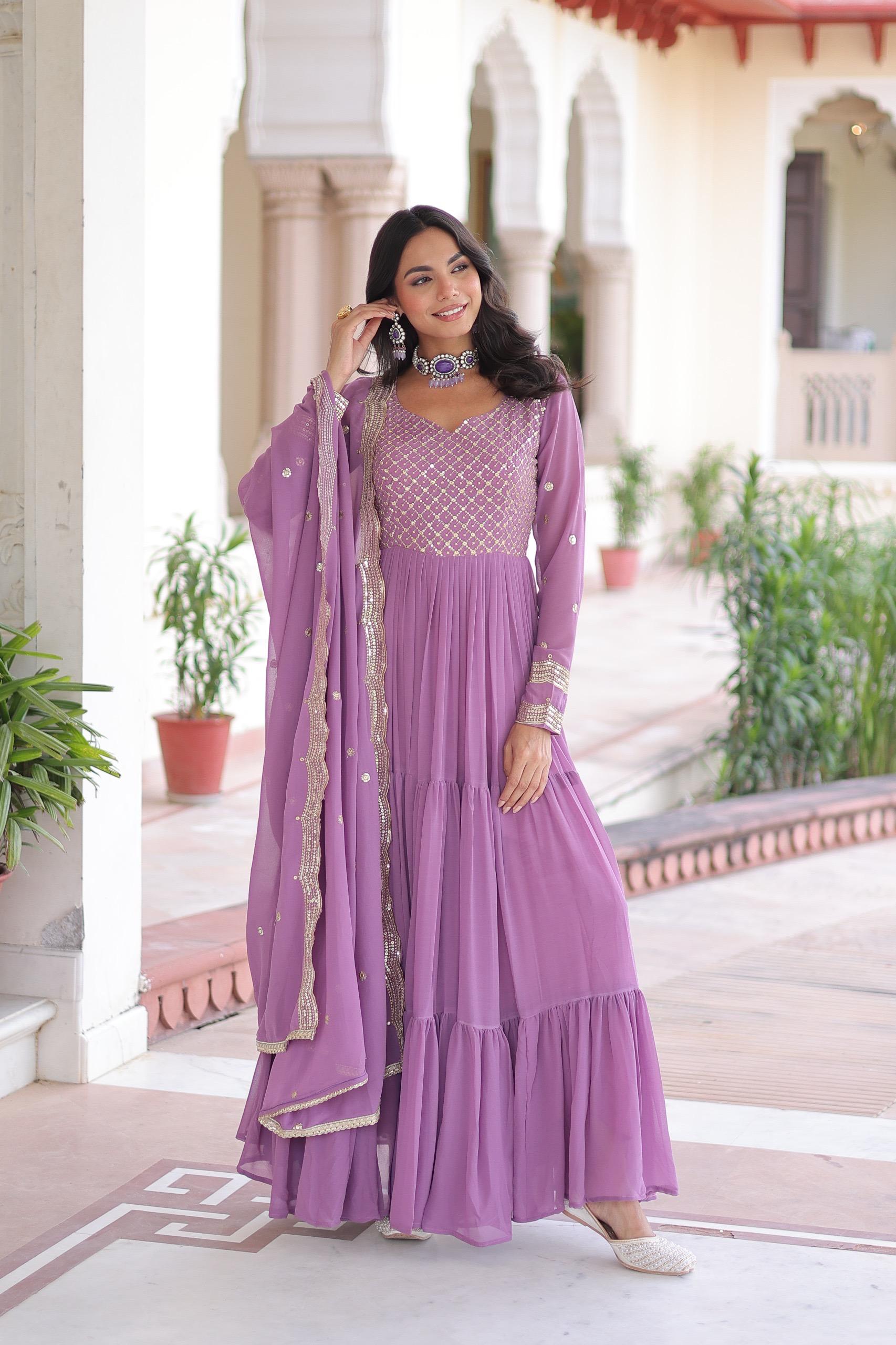 Sequins Zari Embroidered Faux Georgette Gown with Cut-Work Dupatta