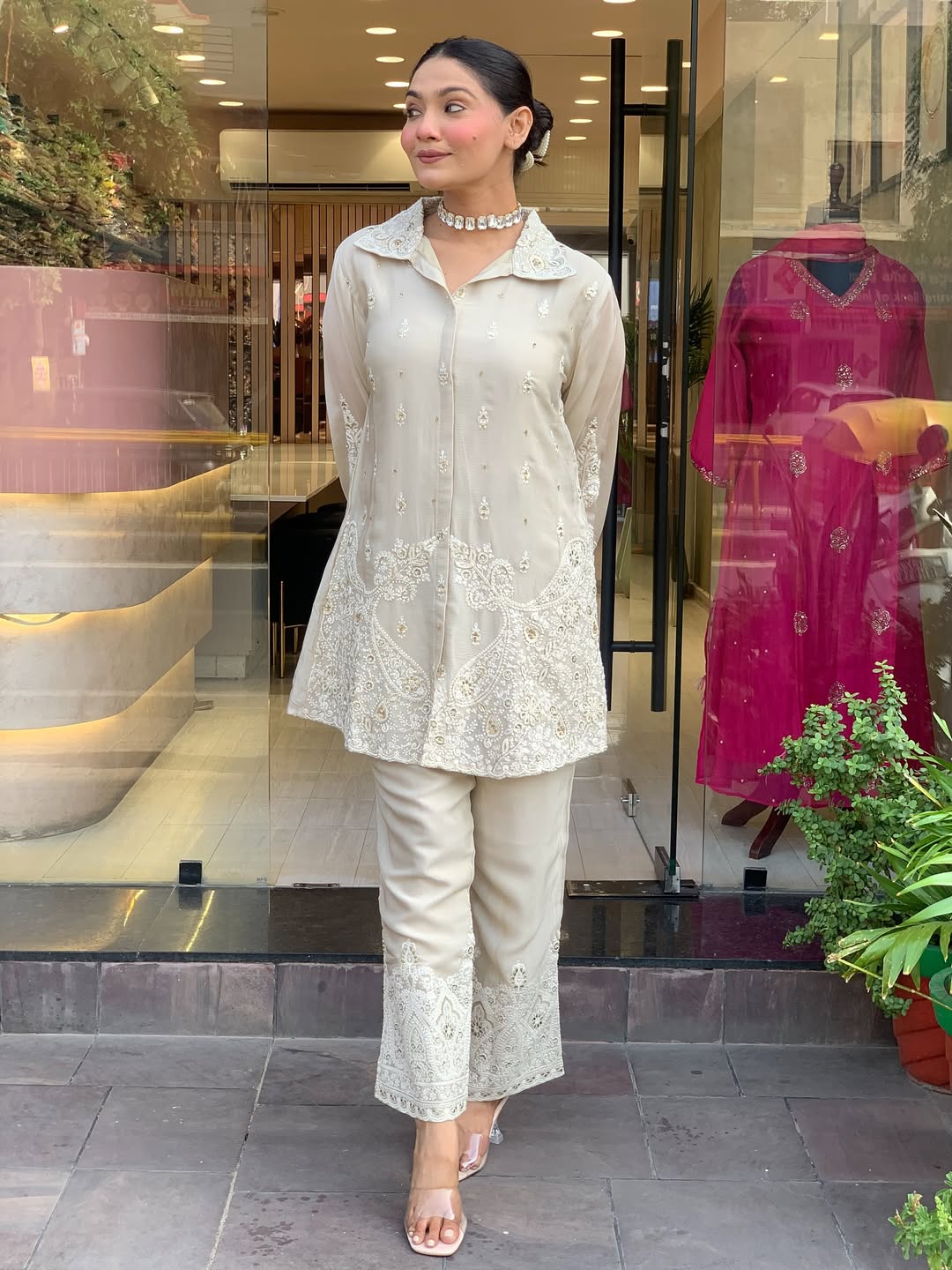 Ivory Embroidered Premium Chanderi Silk Co-Ord Set