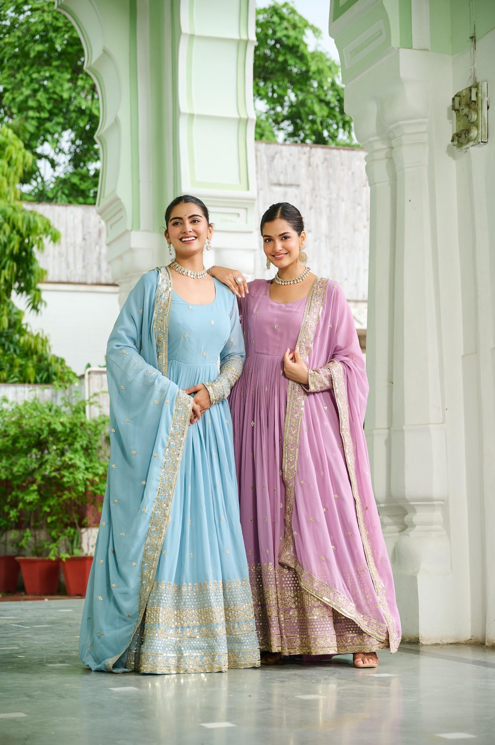 Pastel Royale Faux Georgette Embroidered Gown Set