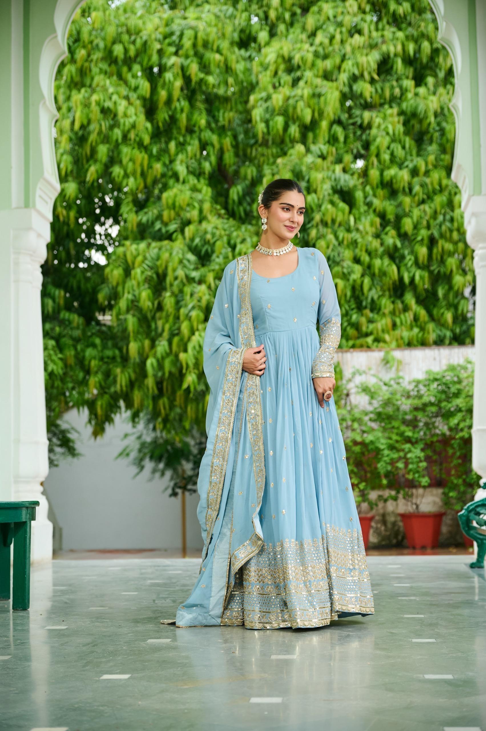 Pastel Royale Faux Georgette Embroidered Gown Set