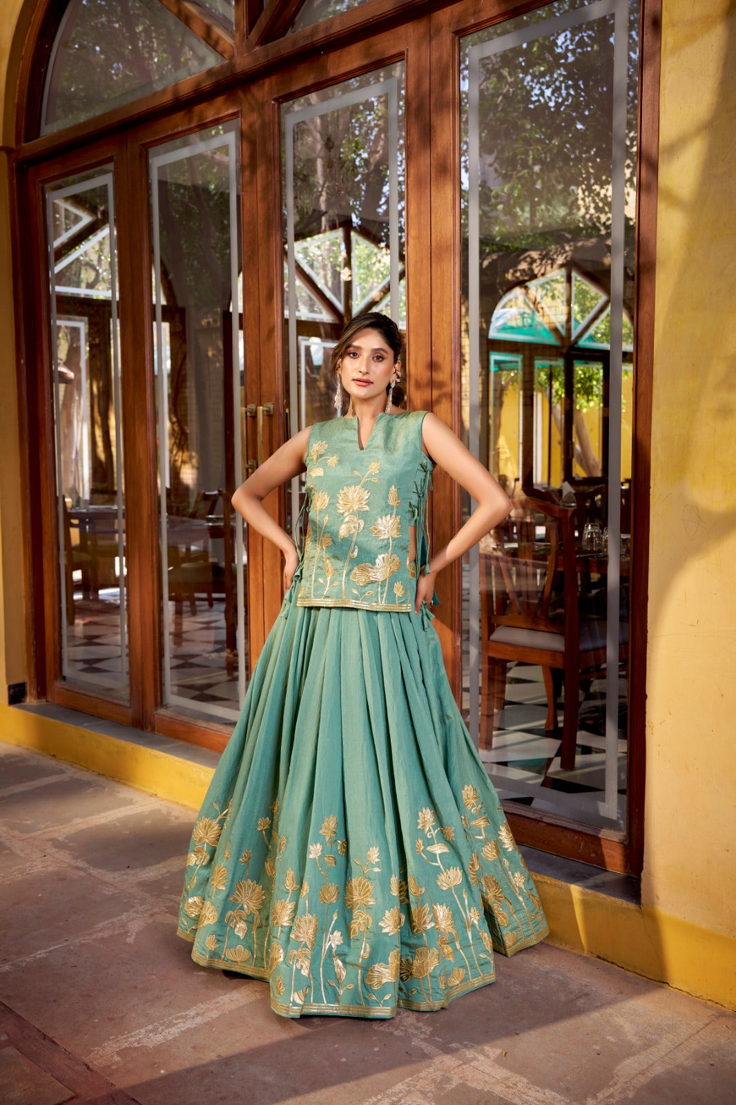 Pure Shimmer Embroidered Lehenga Set with Overlay Top