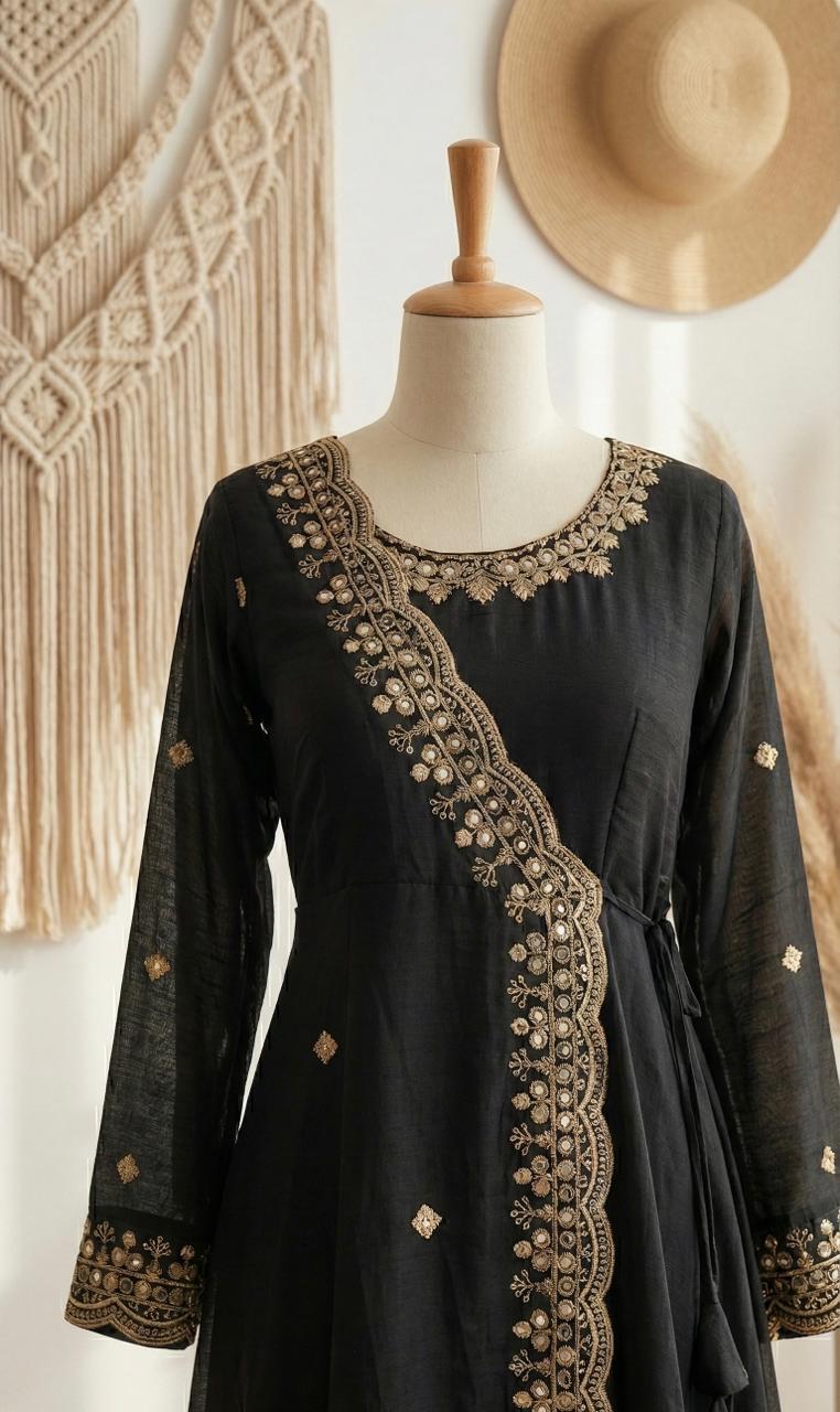 Vichitra Silk Angrakha Flared Long Dress