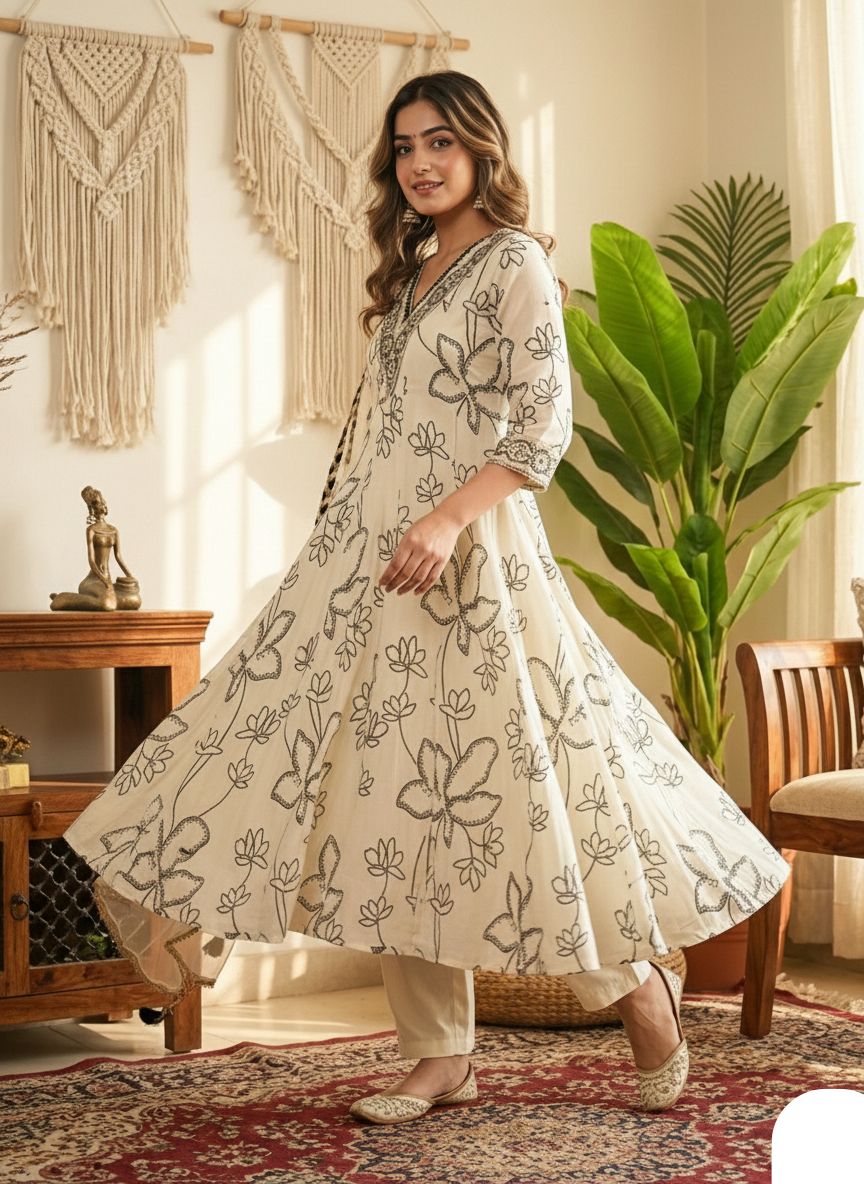 Ivory Bloom Digital Print Anarkali Salwar Suit Set