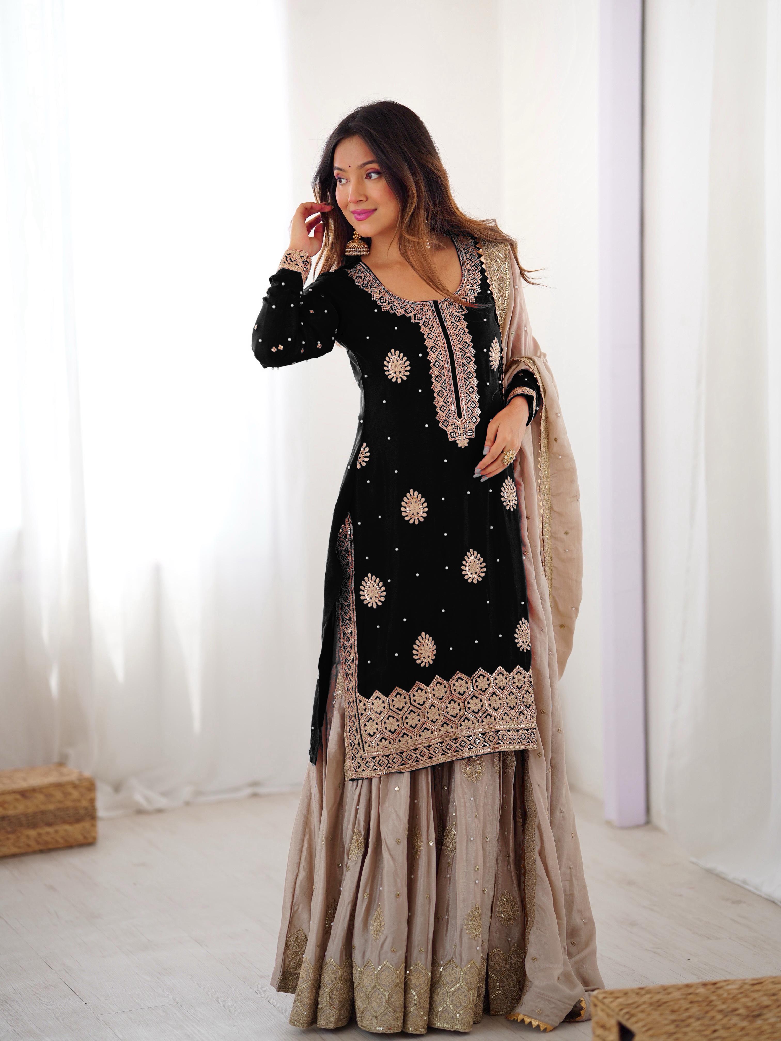 Chinon Silk Sequins Embellished Kurta Sharara Set with Dupatta