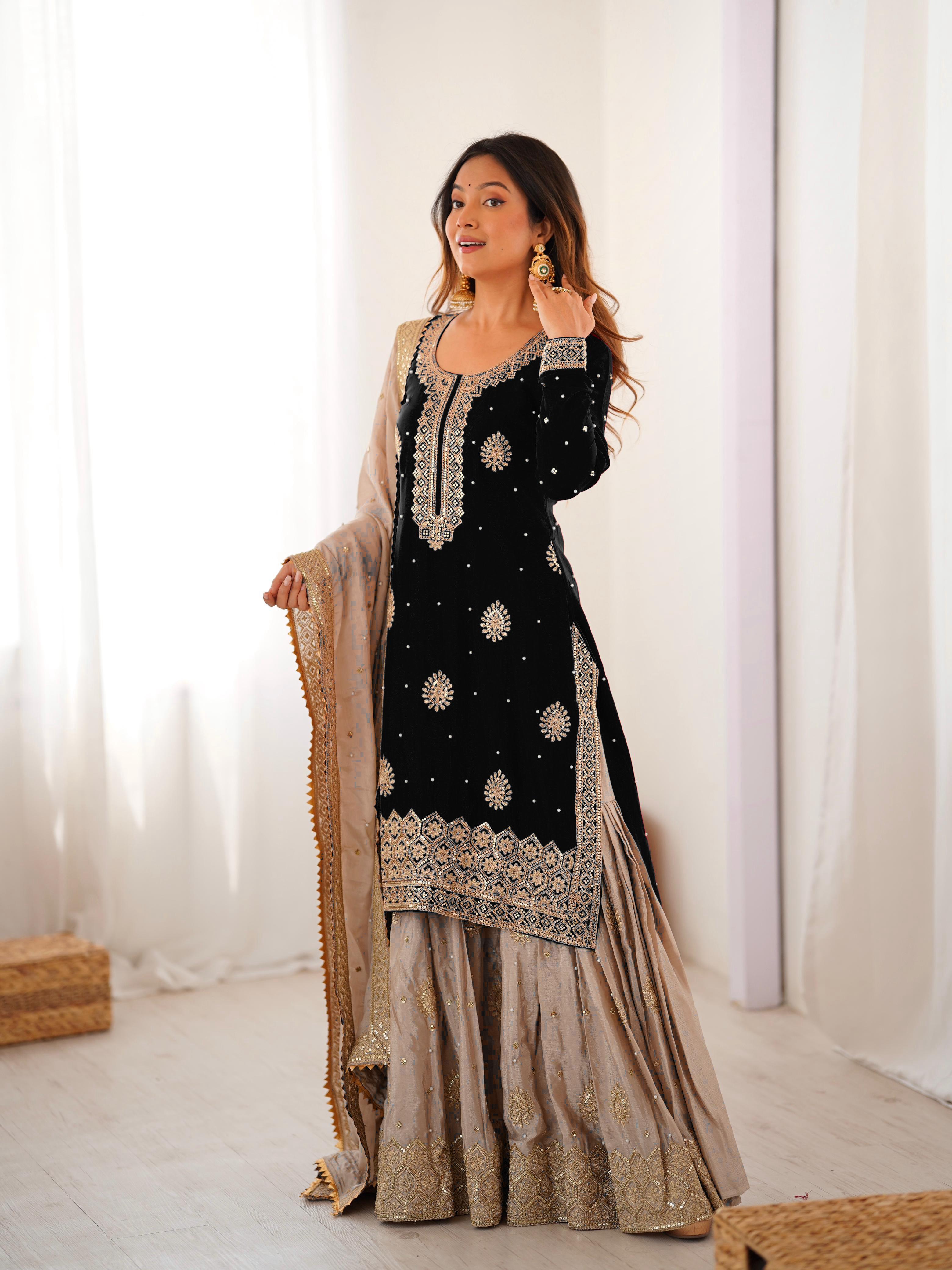 Chinon Silk Sequins Embellished Kurta Sharara Set with Dupatta