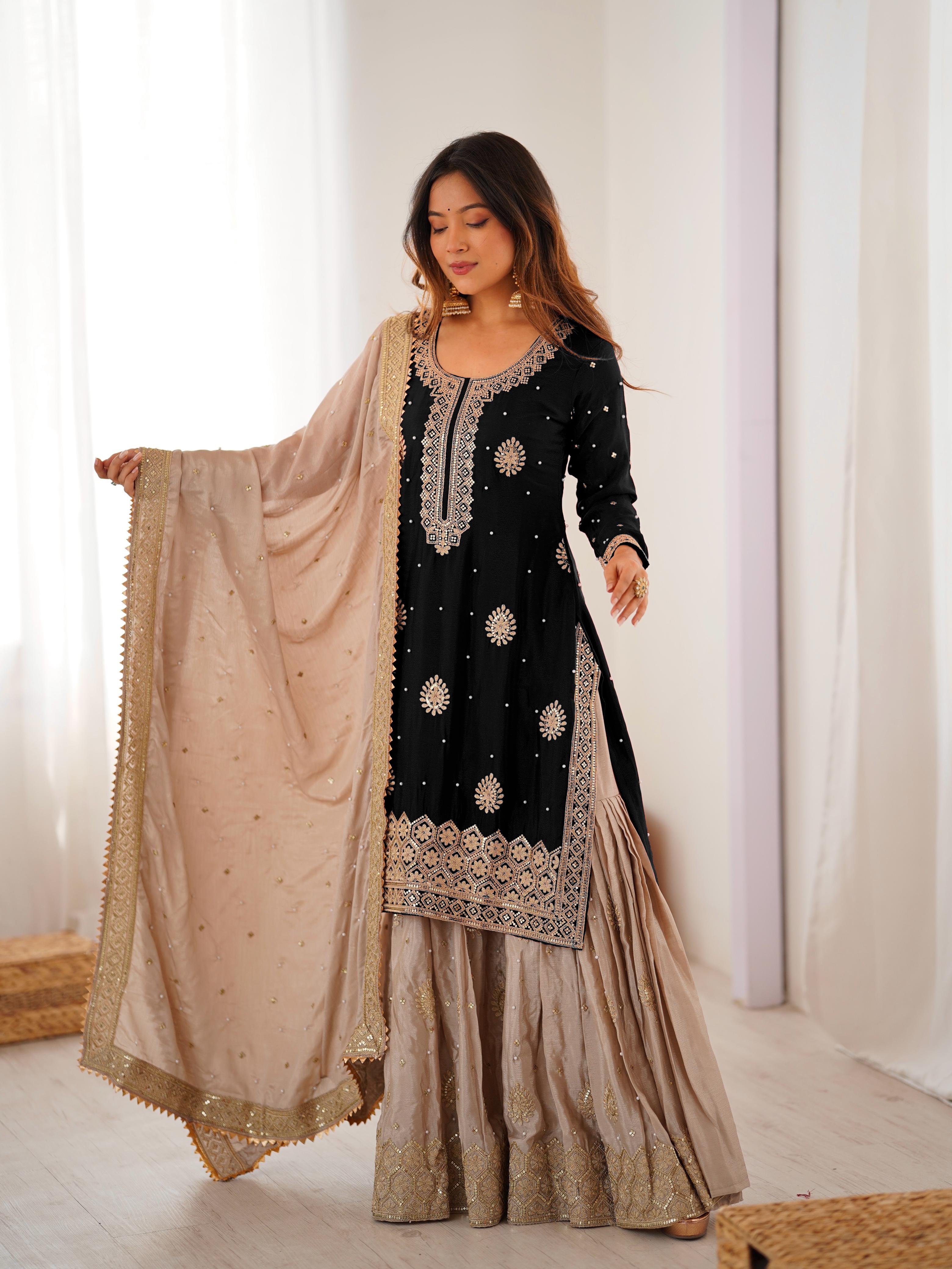 Chinon Silk Sequins Embellished Kurta Sharara Set with Dupatta