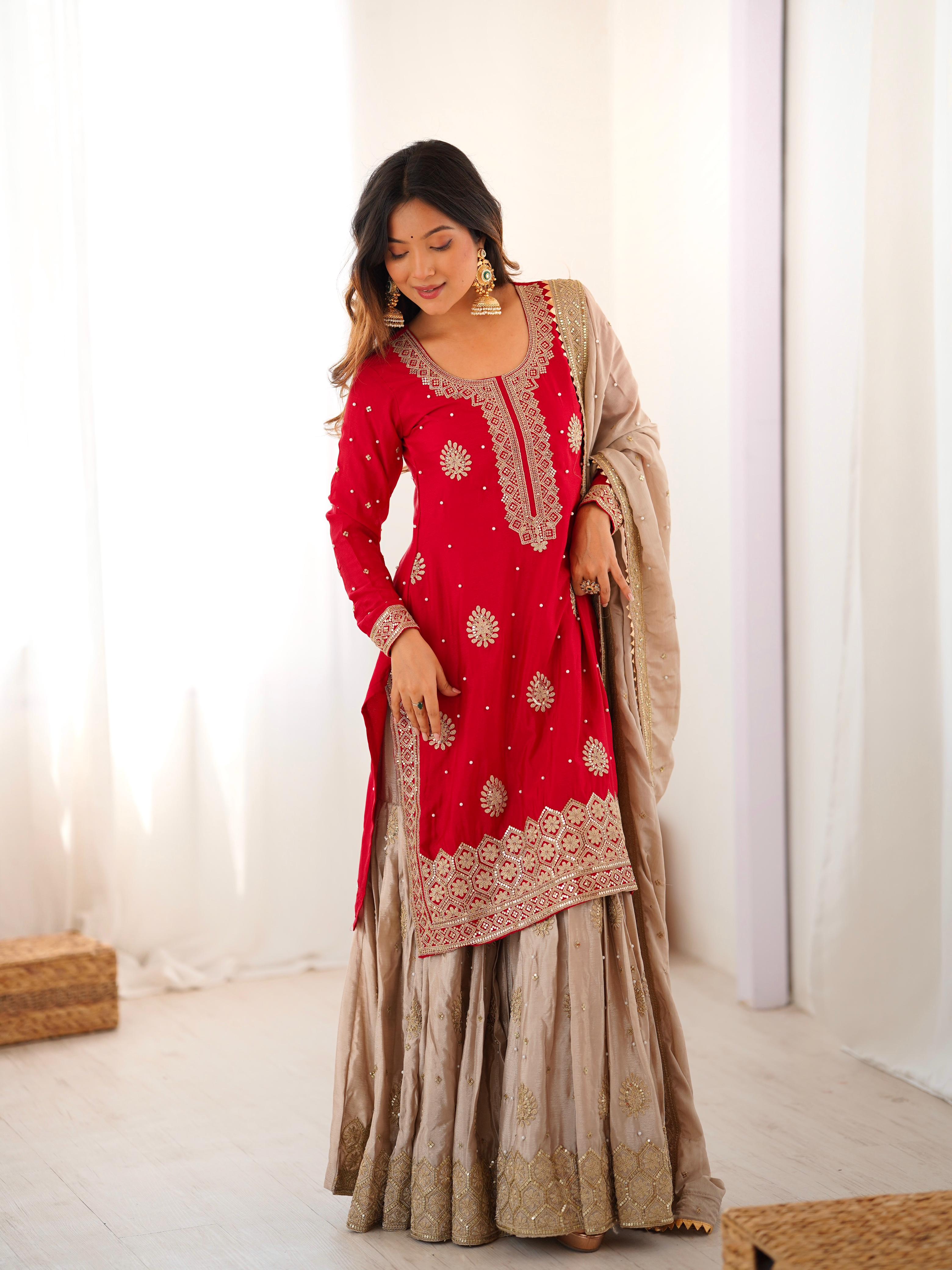 Chinon Silk Sequins Embellished Kurta Sharara Set with Dupatta