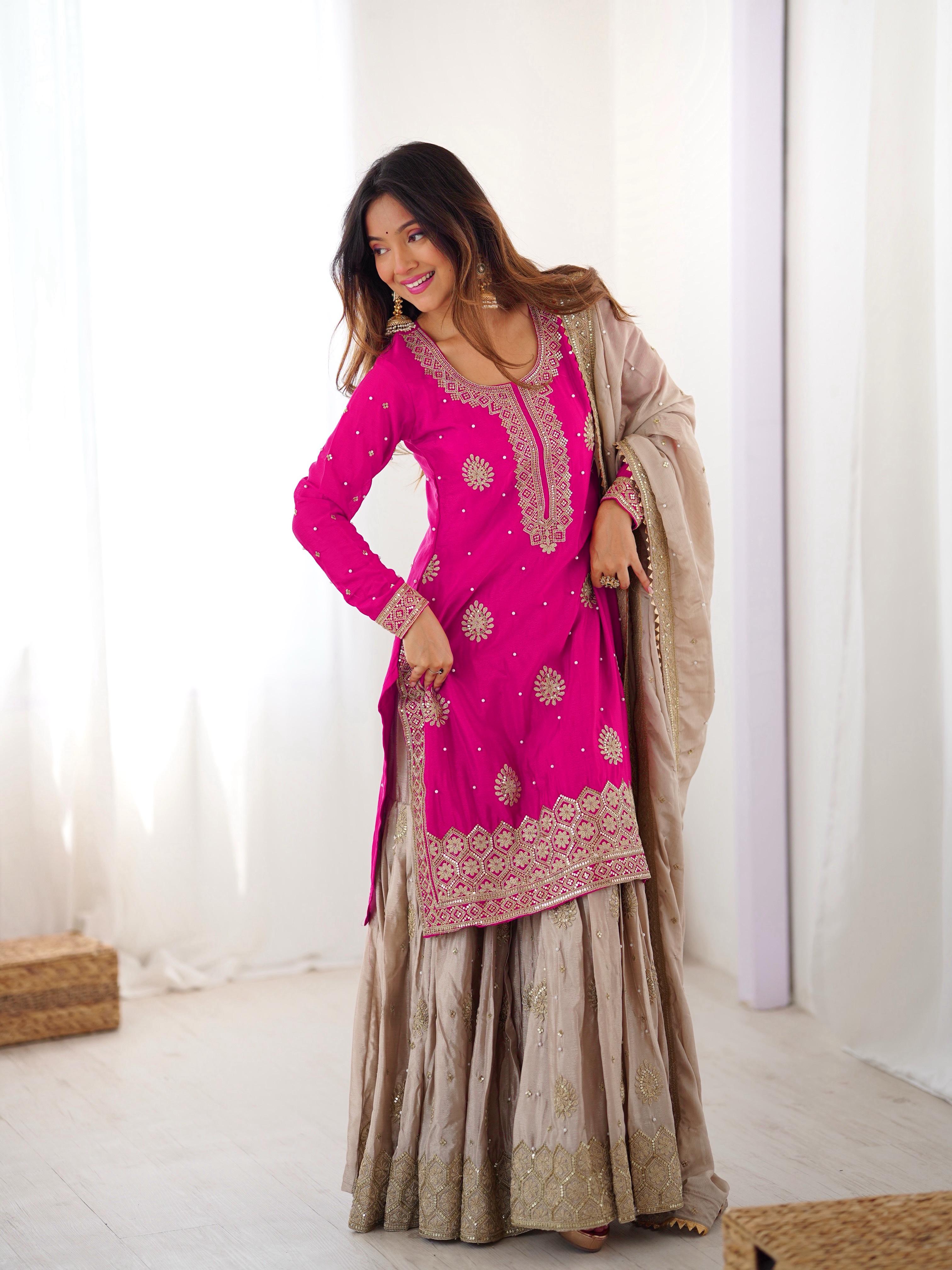 Chinon Silk Sequins Embellished Kurta Sharara Set with Dupatta