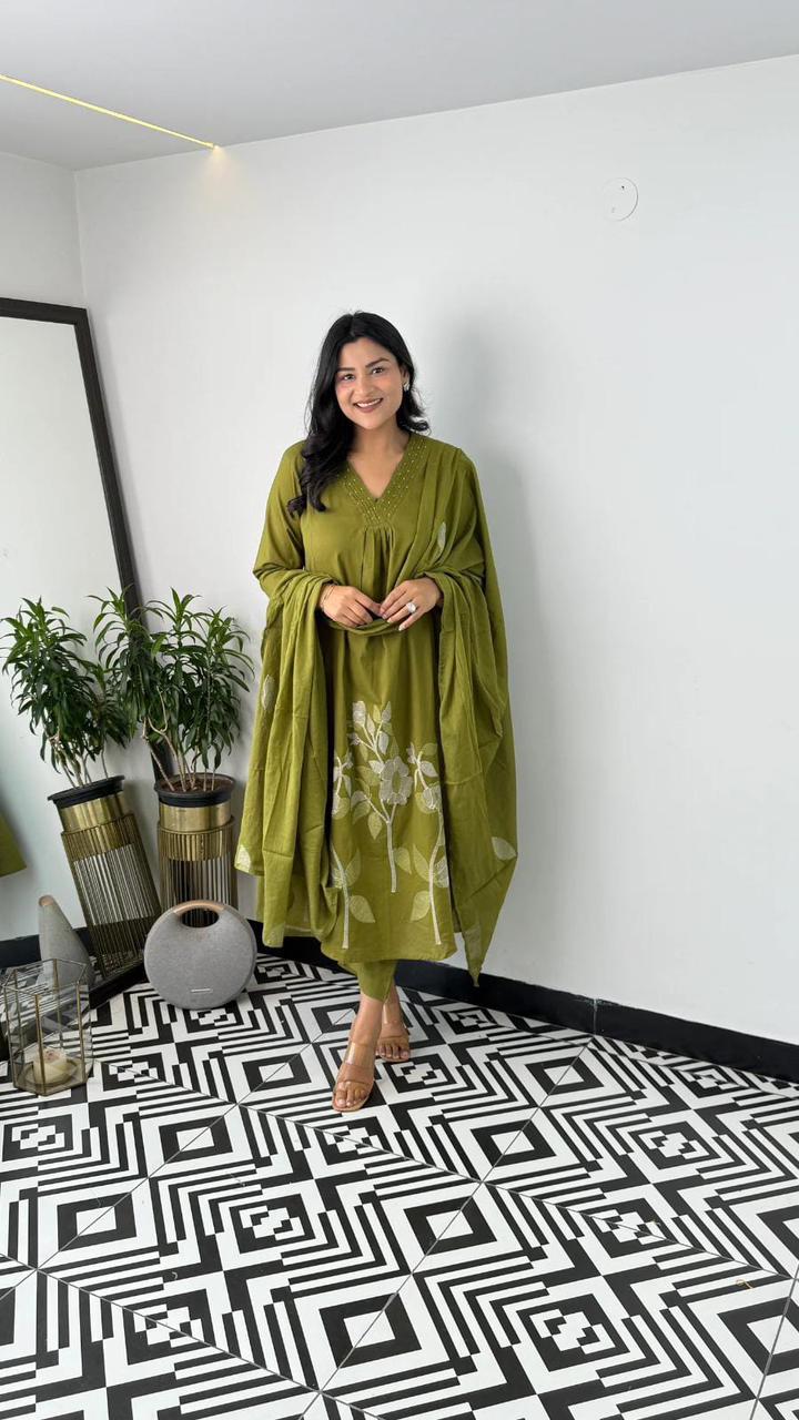 Festive Pure Cotton Kurti Pant Dupatta Set