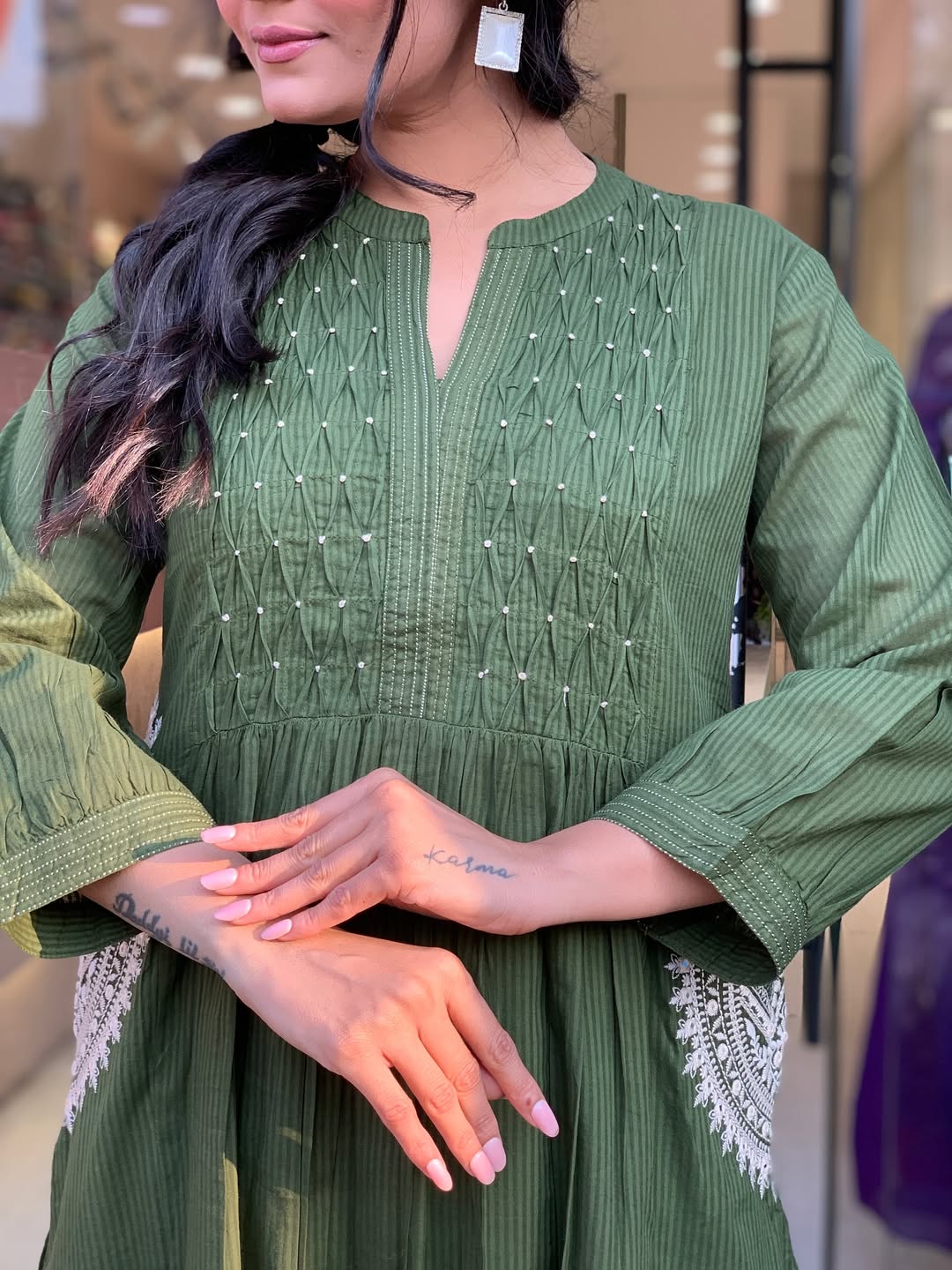 Green Velly Pure Cotton Kurta Pant Dupatta Set