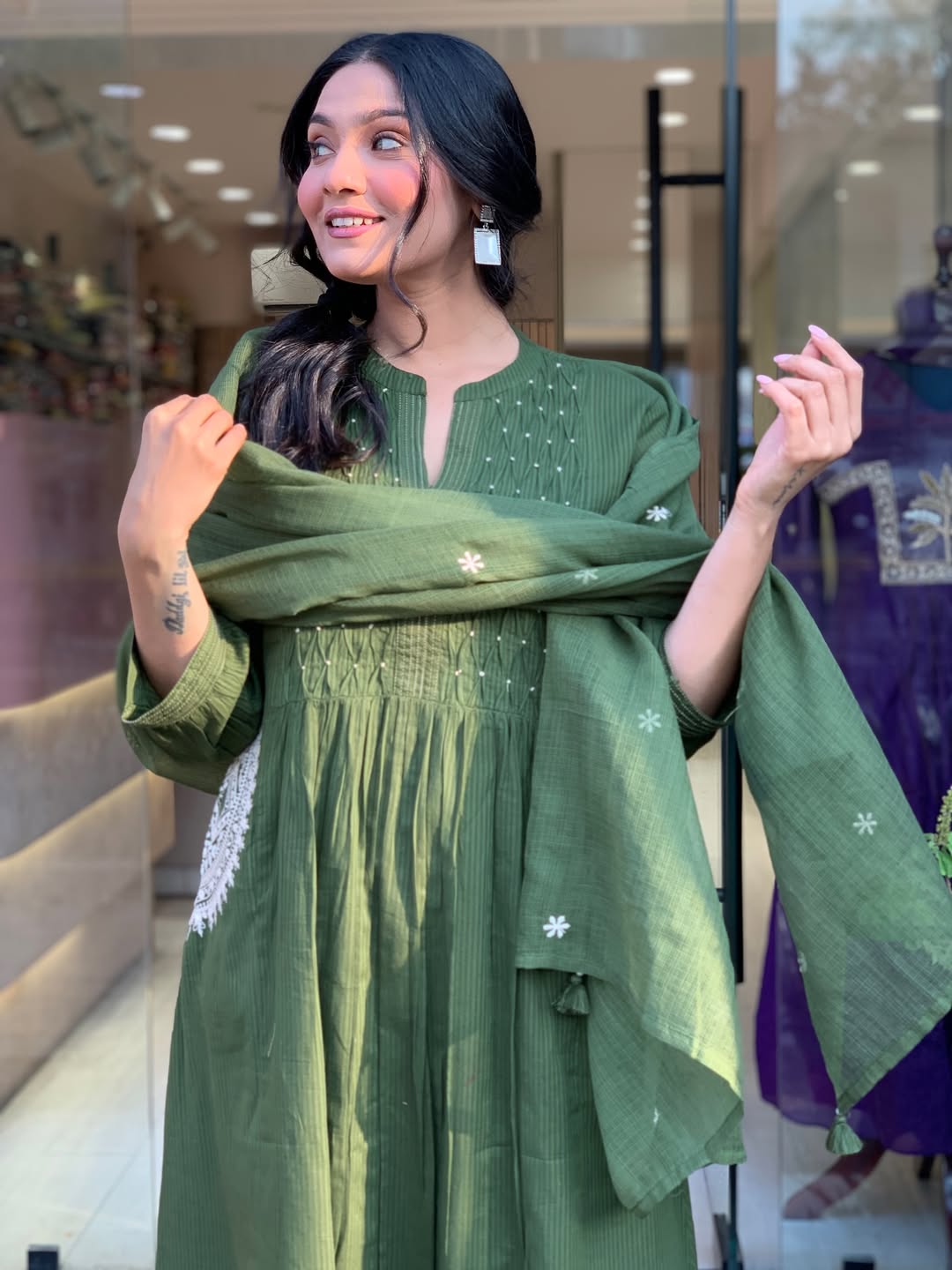 Green Velly Pure Cotton Kurta Pant Dupatta Set