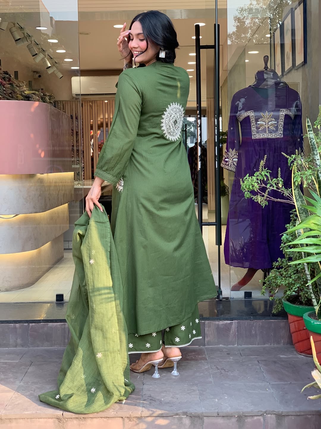 Green Velly Pure Cotton Kurta Pant Dupatta Set