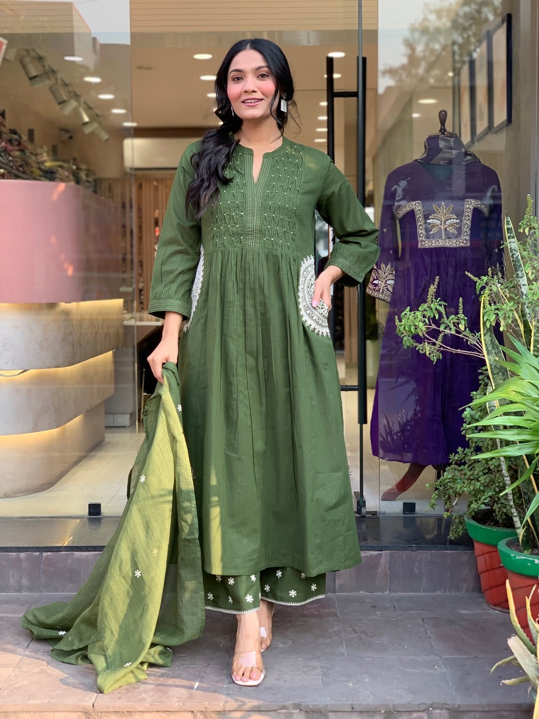 Green Velly Pure Cotton Kurta Pant Dupatta Set