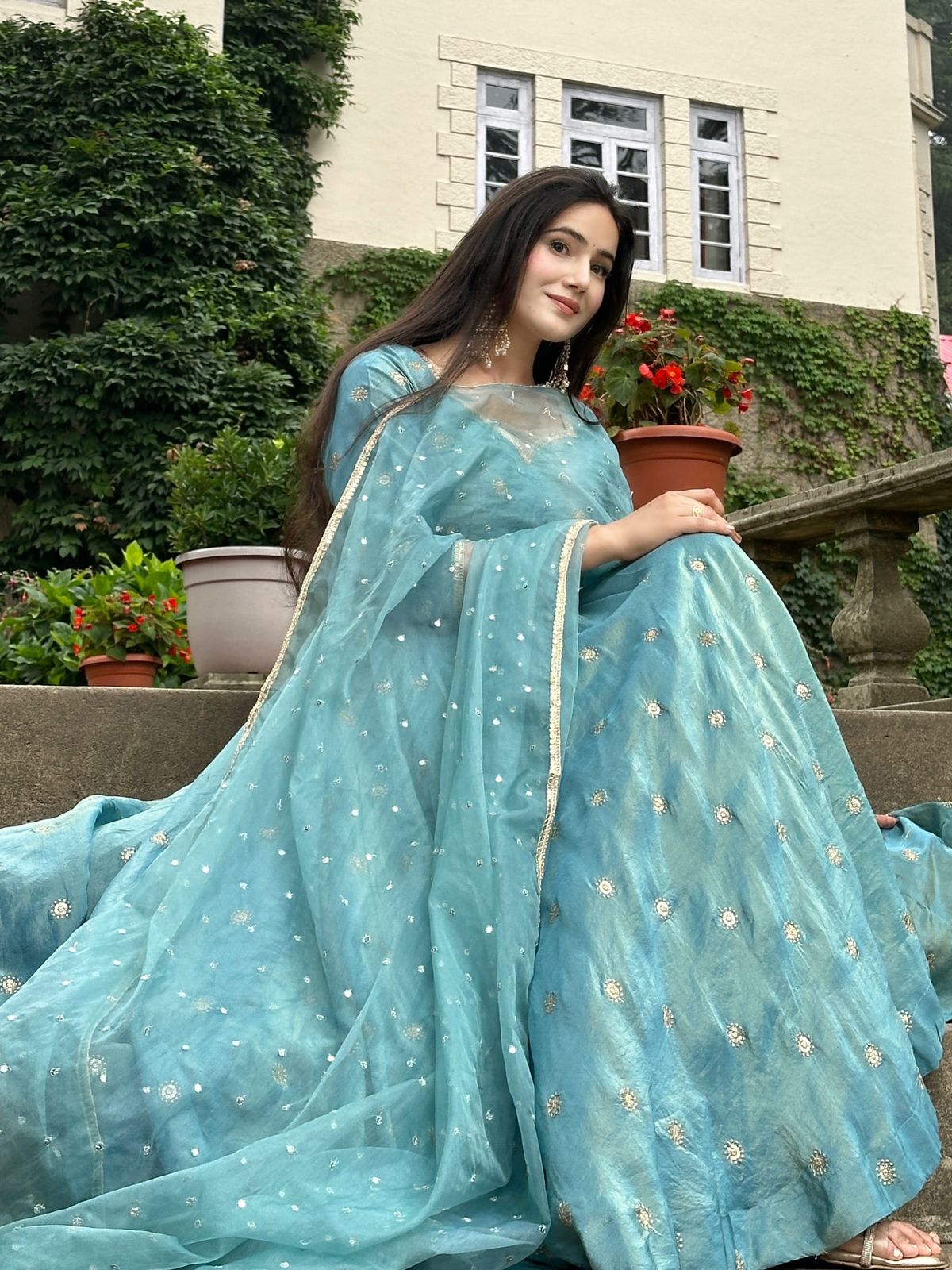 Aqua Celeste Embroidered Gown Set