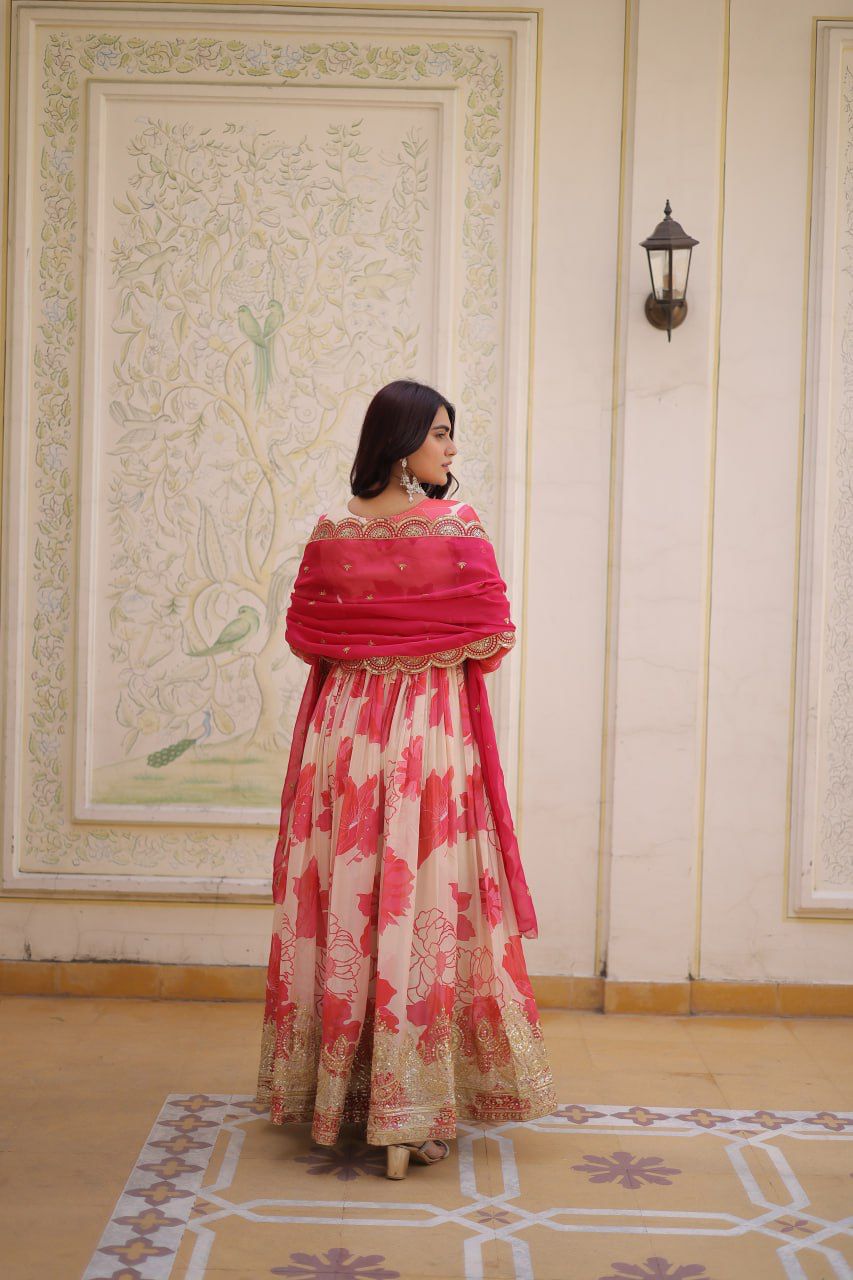 Floral Garden Russian Silk Anarkali Gown Set