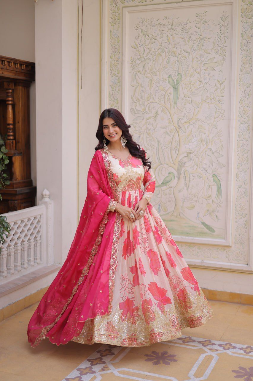 Floral Garden Russian Silk Anarkali Gown Set