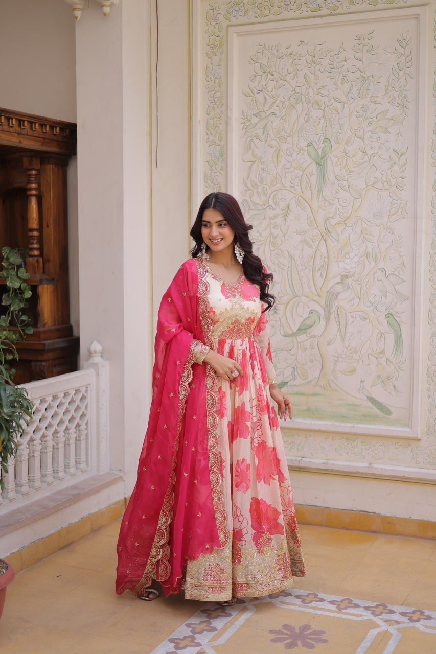 Floral Garden Russian Silk Anarkali Gown Set
