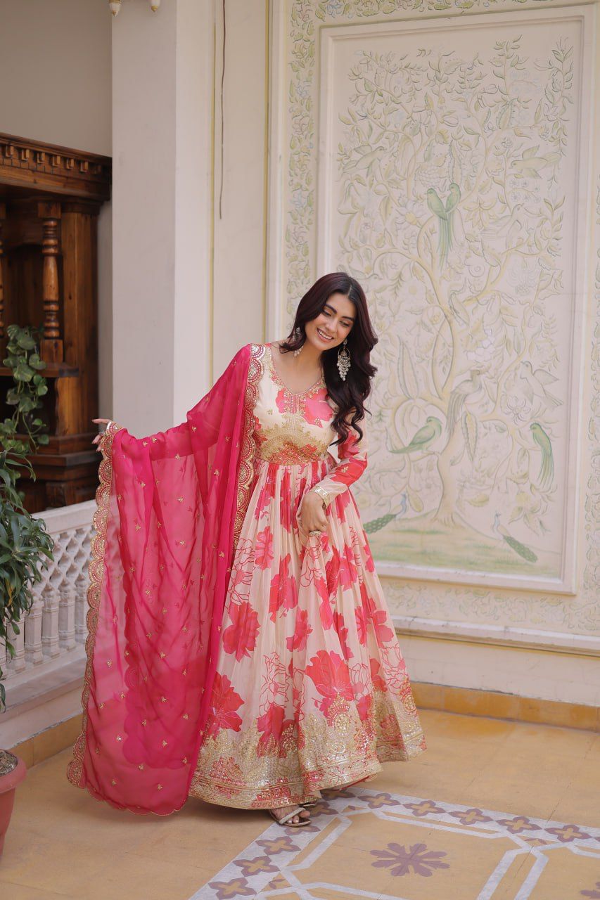 Floral Garden Russian Silk Anarkali Gown Set