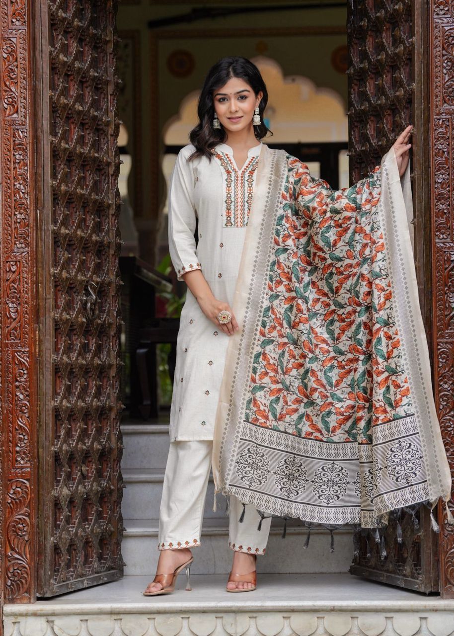 Cotton Embroidered Straight Kurti with Pant and Dupatta Set