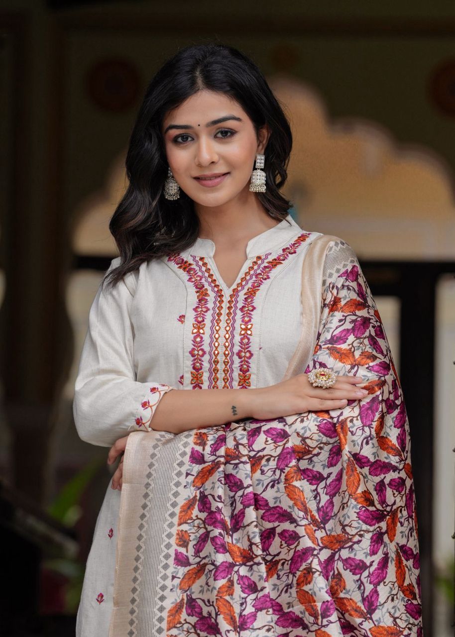 Cotton Embroidered Straight Kurti with Pant and Dupatta Set