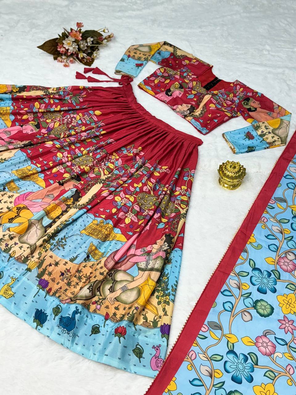 Crimson Red & Sky Blue Royal Heritage Kalamkari Lehenga Choli Set