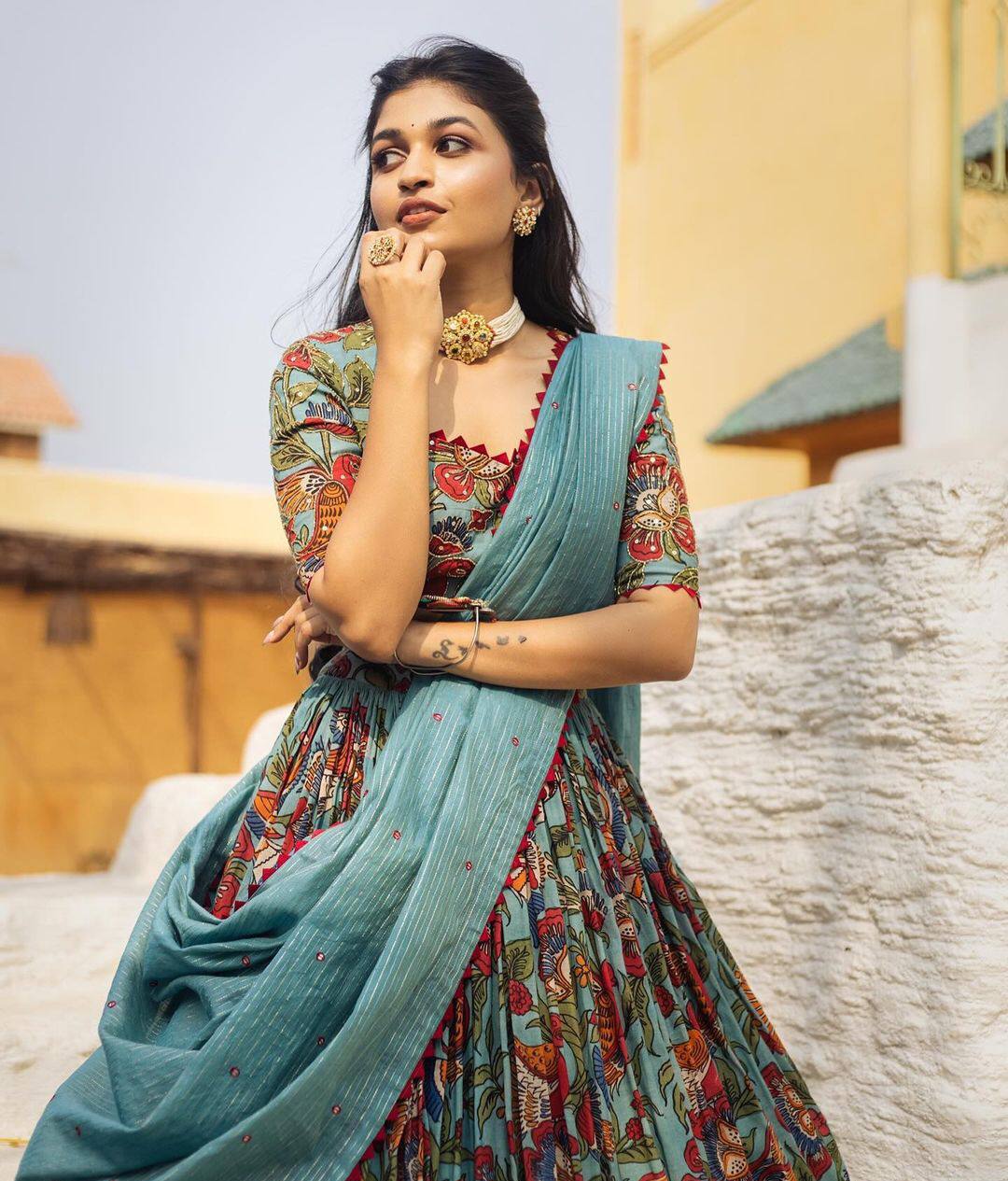 Aqua Blue & Rust Red Ethereal Bloom Kalamkari Lehenga Choli Set