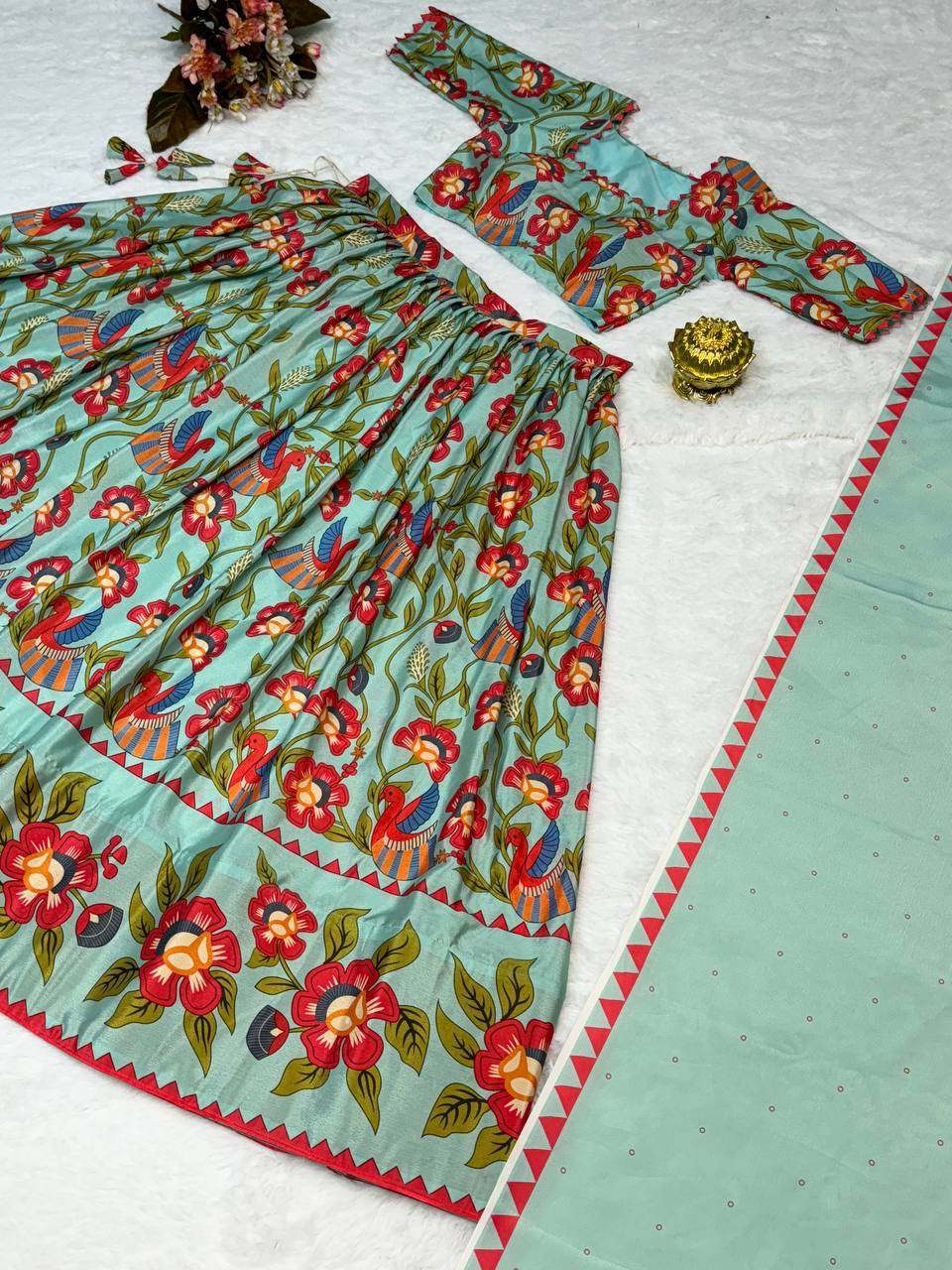 Aqua Blue & Rust Red Ethereal Bloom Kalamkari Lehenga Choli Set