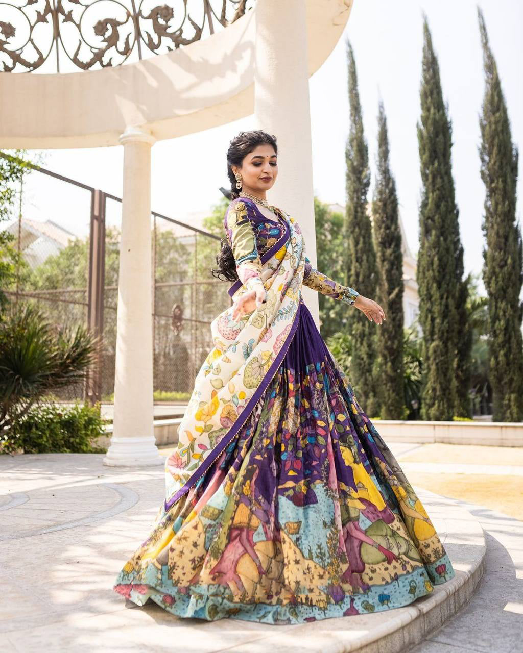 Royal Purple & Ivory Multi-Print Mystic Garden Illustrated Lehenga Choli Set