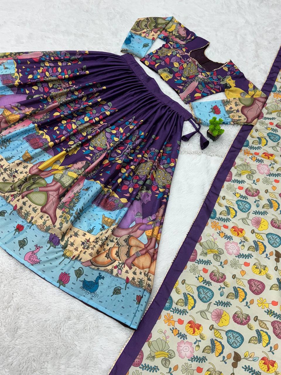 Royal Purple & Ivory Multi-Print Mystic Garden Illustrated Lehenga Choli Set