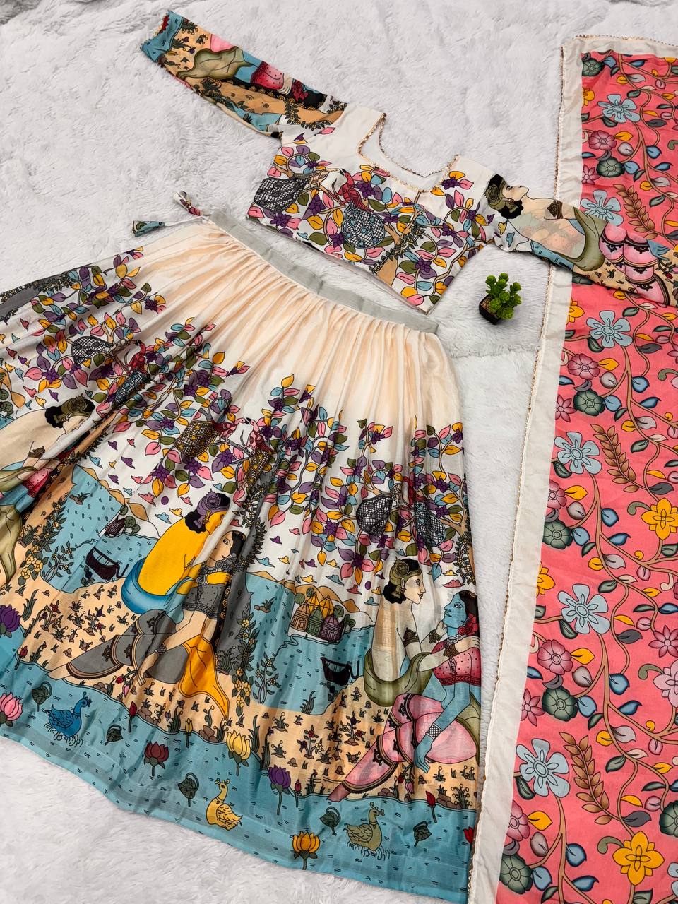 Ivory Cream & Aqua Blue Multi-Illustrated Eternal Tales Illustrated Lehenga Choli Set