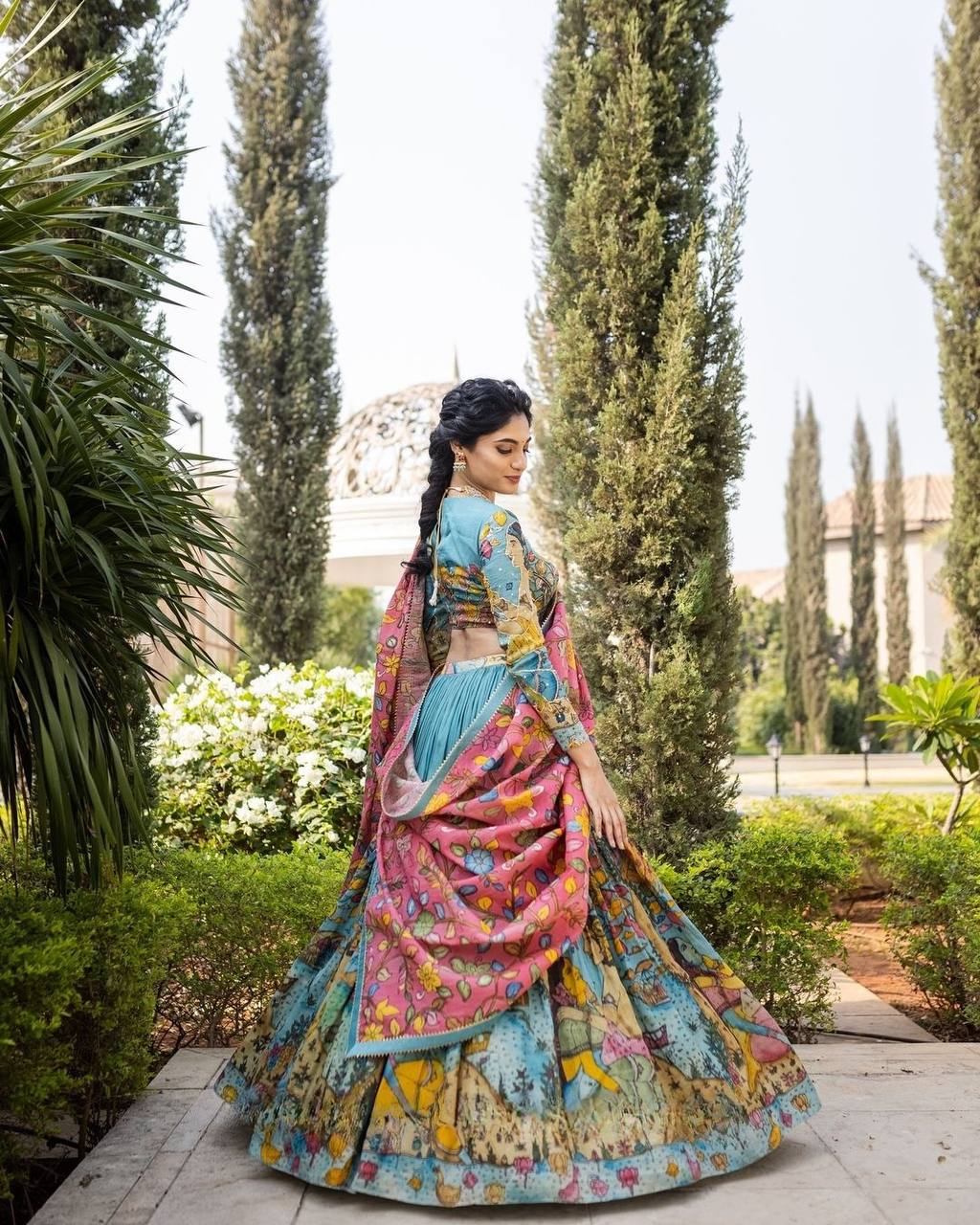 Peacock Teal & Rose Bloom Kalamkari Art Lehenga Choli Set