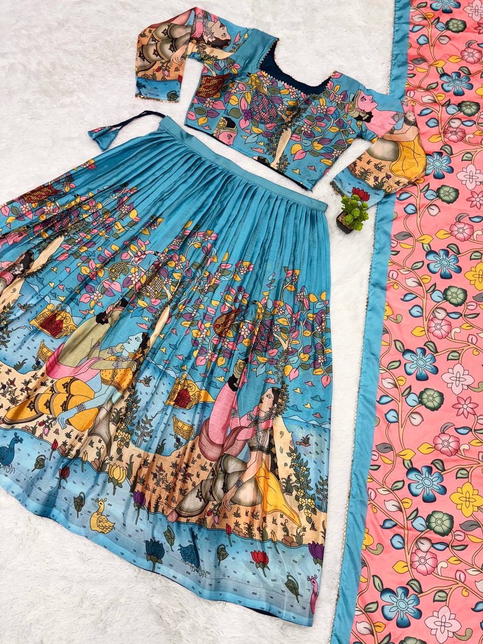 Peacock Teal & Rose Bloom Kalamkari Art Lehenga Choli Set