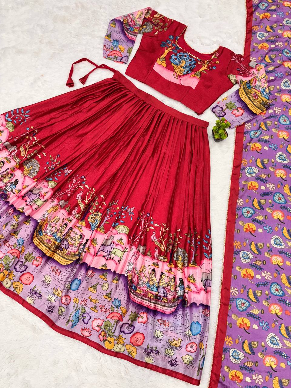 Plum Purple & Deep Wine Red Kalamkari Grace Lehenga Choli Set