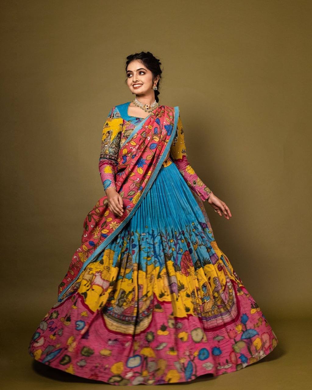 Azure Blue & Rose Pink Kalamkari Festive Lehenga Choli Set
