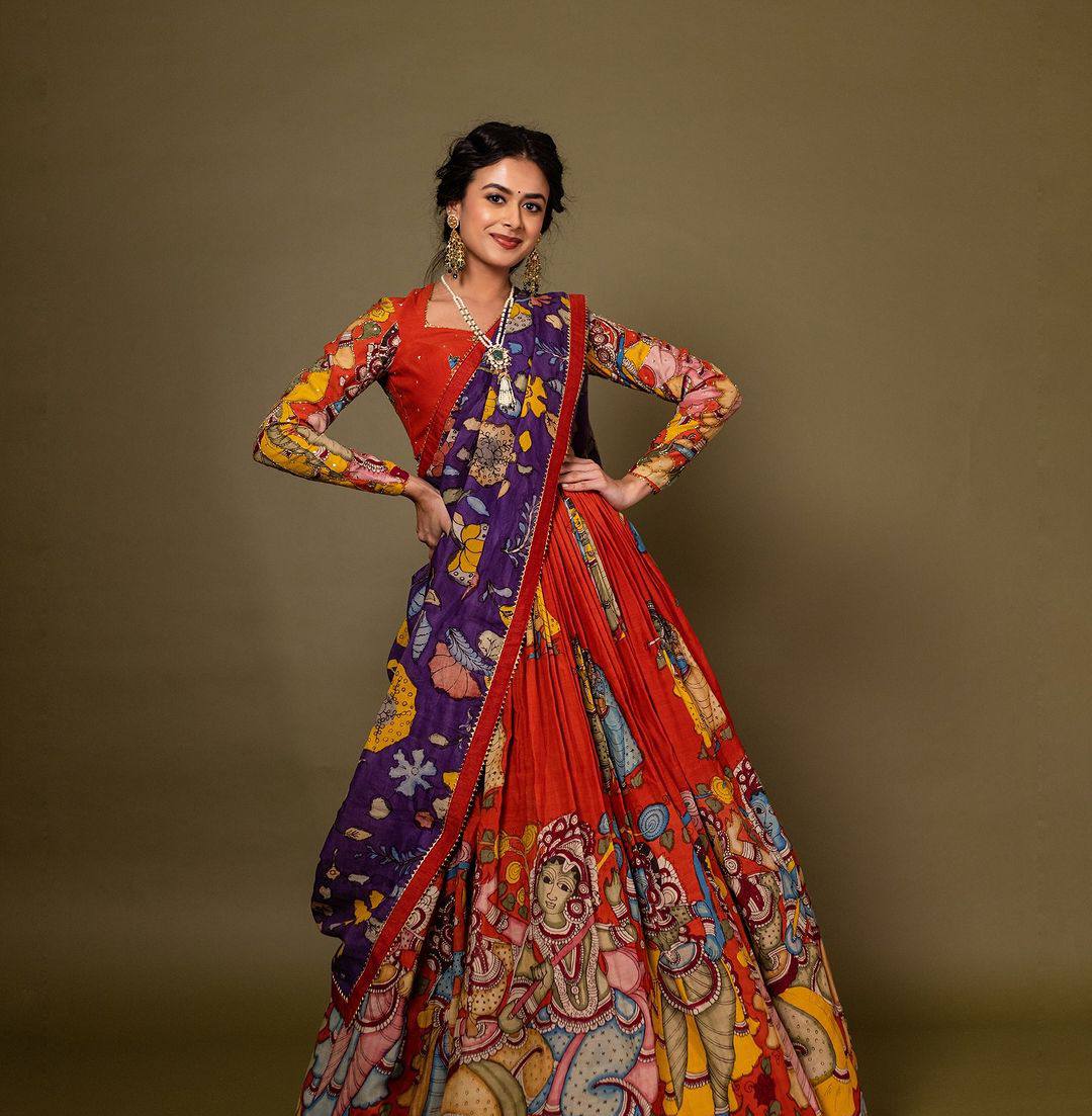 Kalamkari Print With Handwork Bloom Fully Stitched Printed Lehenga Choli.