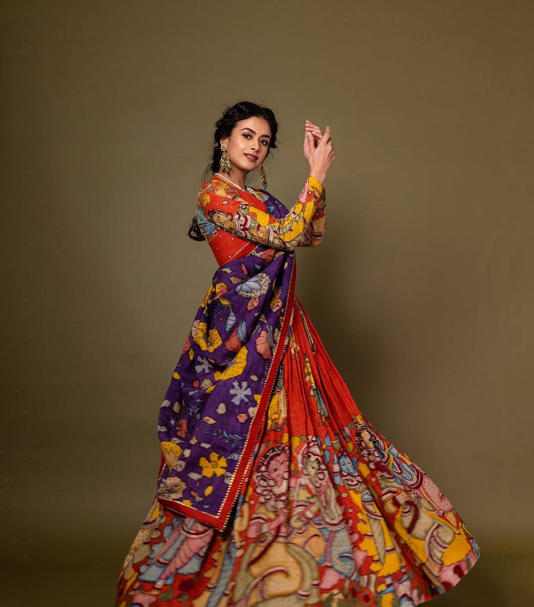 Kalamkari Print With Handwork Bloom Fully Stitched Printed Lehenga Choli.