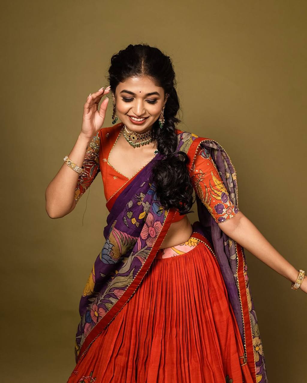 Crimson Red & Royal Purple Kalamkari Royale Lehenga Choli Set