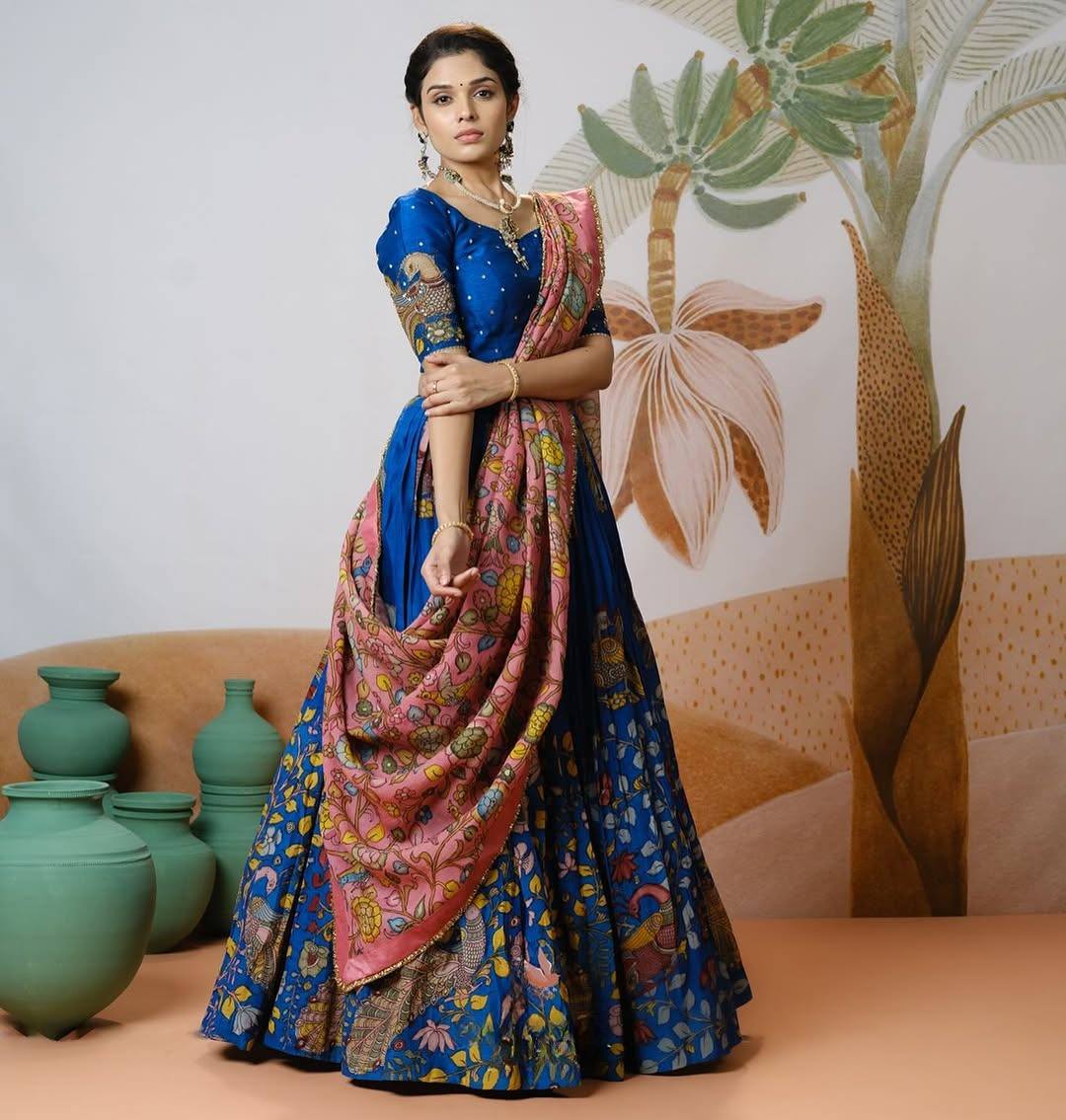 Royal Sapphire Blue Peacock Kalamkari Elegance Lehenga Choli Set