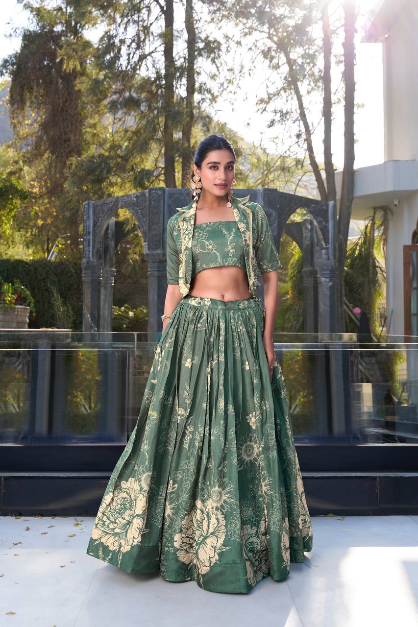 Emerald Green Bloom Contemporary Tussar Silk Lehenga Choli Set