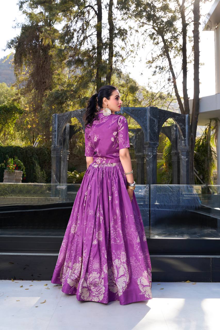 Royal Lilac Bloom Botanical Tussar Silk Lehenga Set