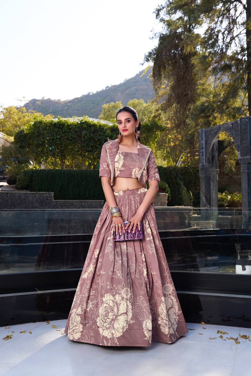 Dusty Rose Mauve Garden Tussar Silk Lehenga Set