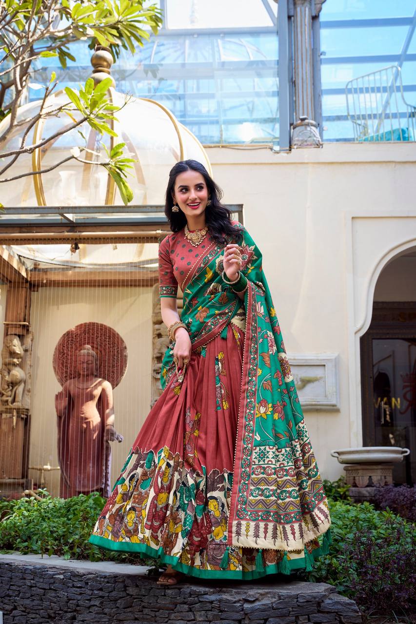 Terracotta Green Madhubani Tussar Silk Lehenga Choli Set