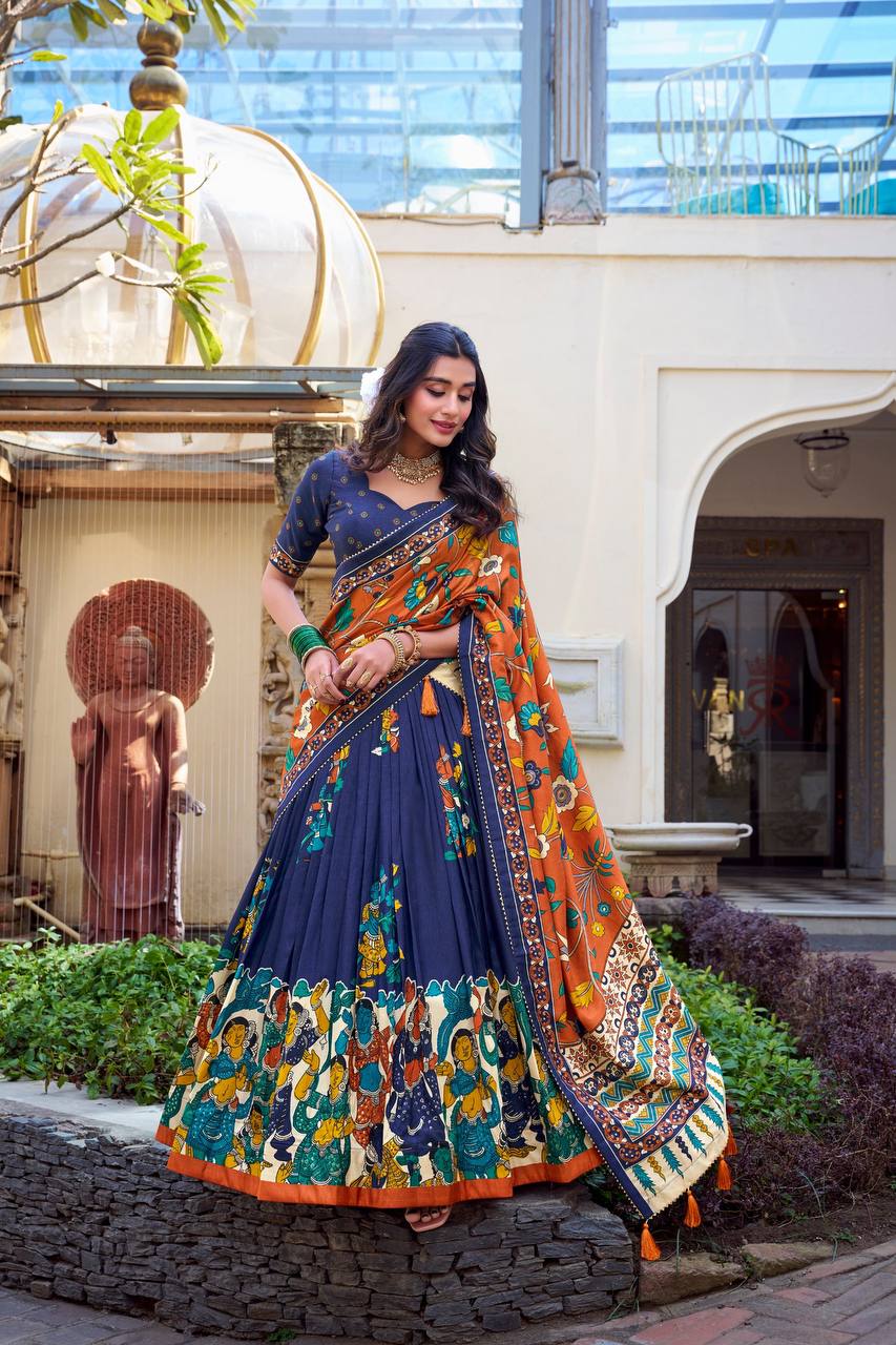 Navy Blue & Rust Orange Madhubani Tussar Silk Lehenga Choli Set