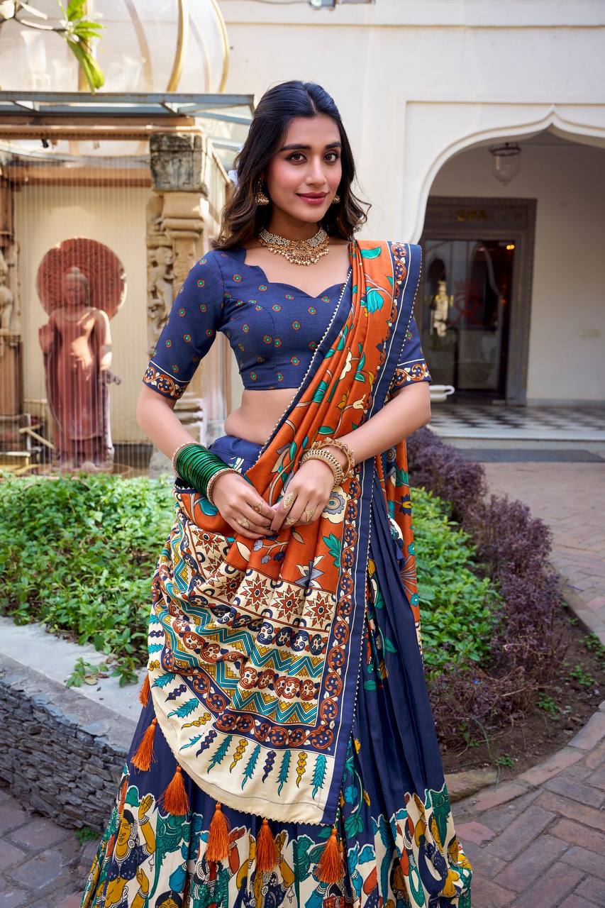 Navy Blue & Rust Orange Madhubani Tussar Silk Lehenga Choli Set