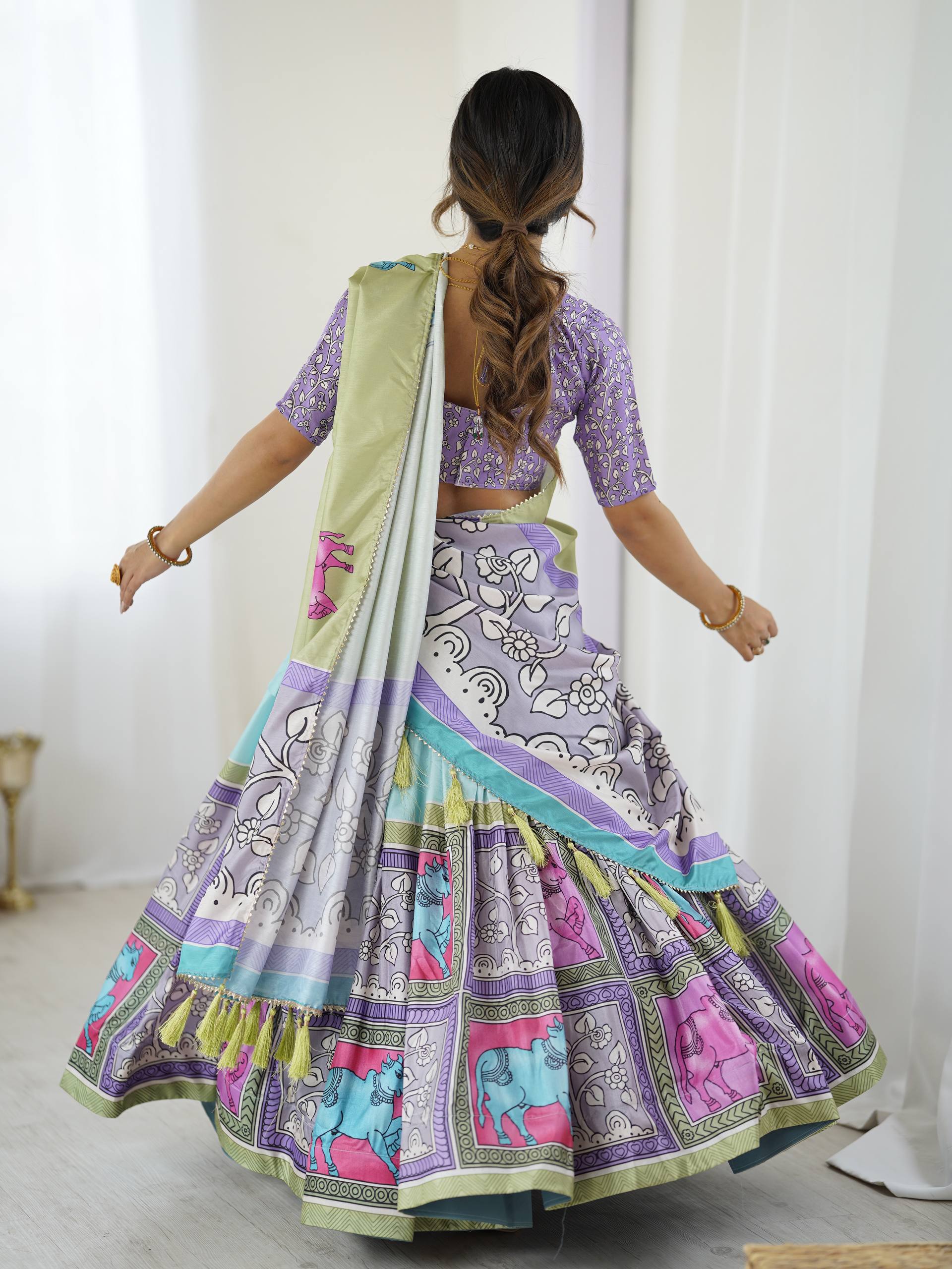 Mint Meadow & Lavender Dream Handcrafted Folk Art Tussar Silk Lehenga Choli Set