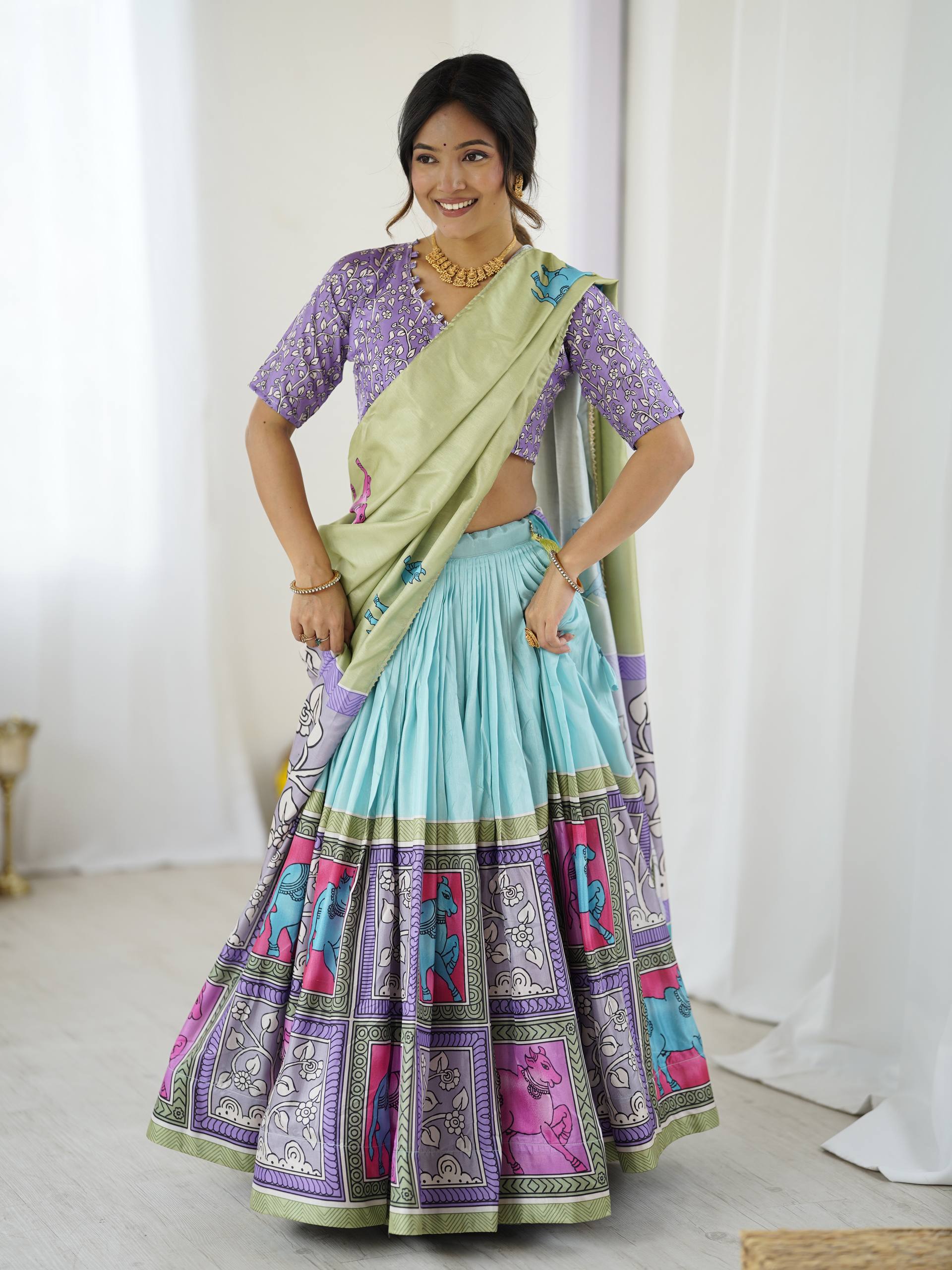 Mint Meadow & Lavender Dream Handcrafted Folk Art Tussar Silk Lehenga Choli Set