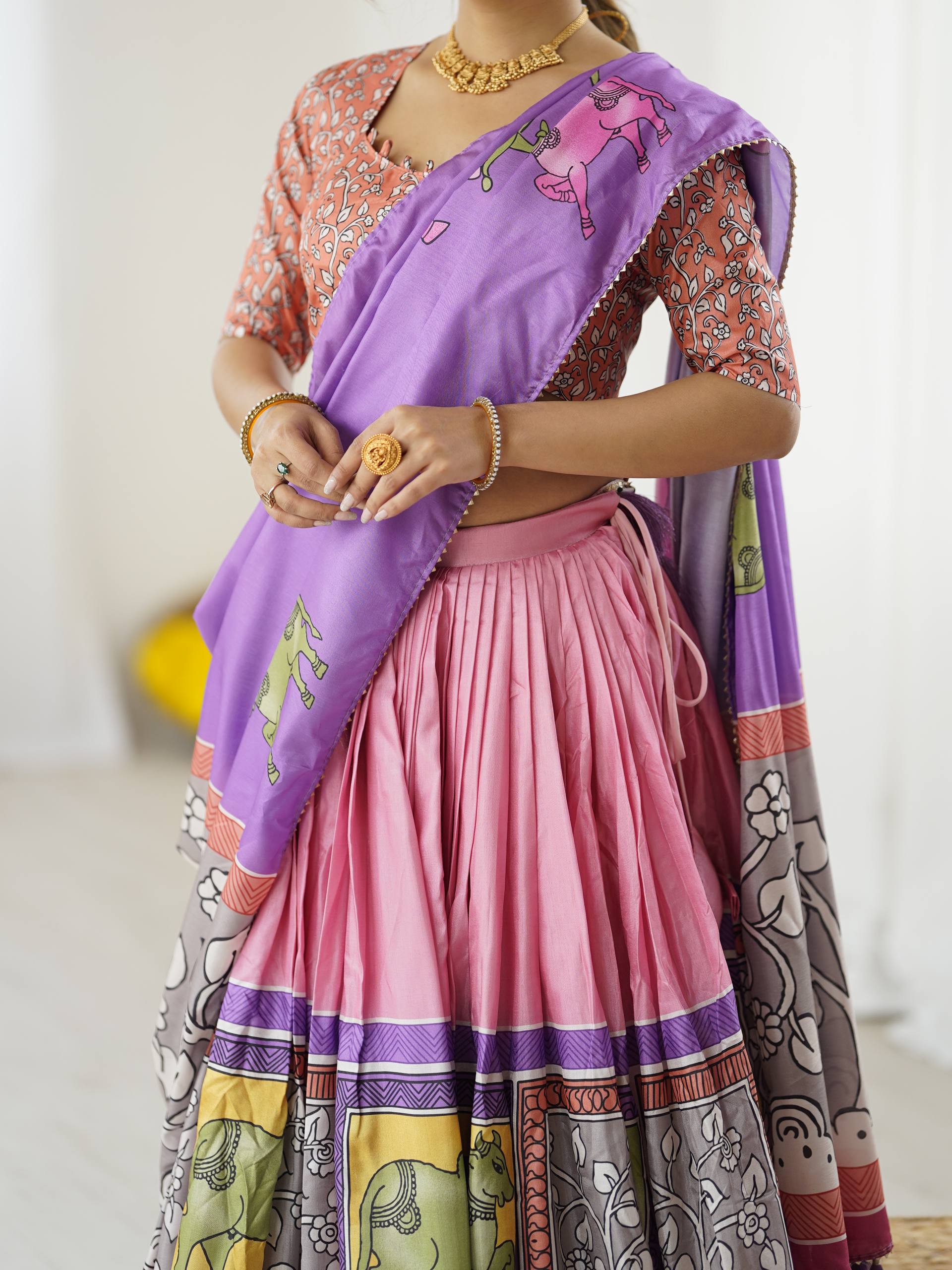 Blush Rose & Lilac Charm Handcrafted Folk Art Tussar Silk Lehenga Choli Set